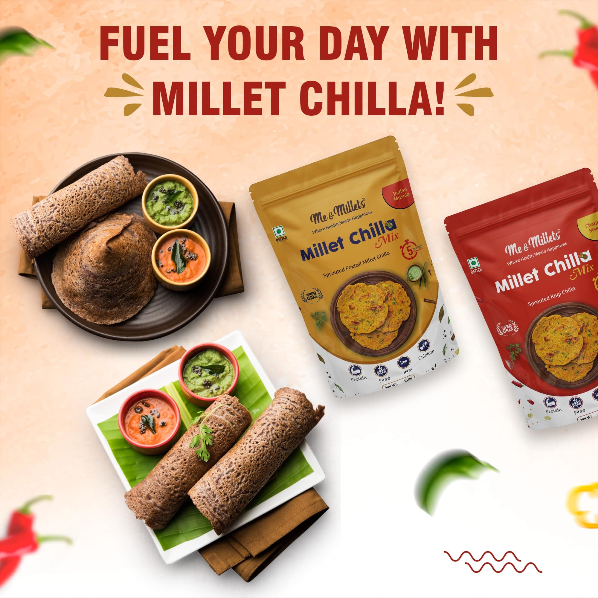 ME & MILLETS Sprouted Ragi Chilla & Foxtail Millet Chilla Mix Combo (150gX2) - Chatpata & Indian Masala, No Preservatives, Natural Healthy Protein & Fiber-Rich Breakfast For Family (Jain Friendly) — image 9