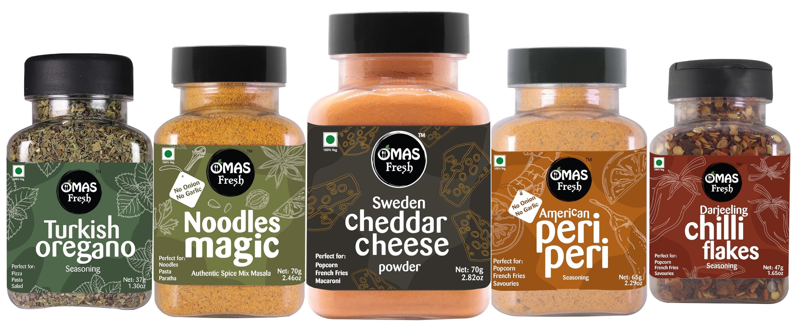 Omas Fresh Multi Seasoning Jain (No Garlic No Onion) Combo | Cheddar Cheese Powder 70g, Jain Peri Peri Masala 65g, Magic Noodles Masala 70g, Oregano Flakes 37g And Chilli Flakes 47g For Pizza, Soup, Popcorn And More Delicious Dishes | Zero added Colours, Fillers, Additives & Preservatives (Pack Of 5) — image 2