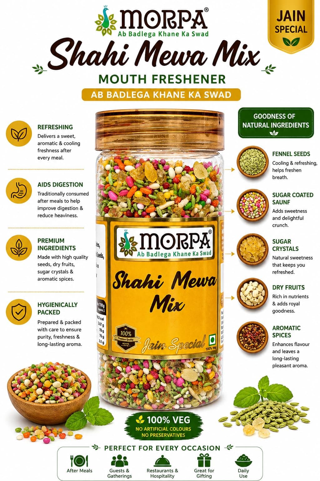 Morpa Shahi Mewra Mix Mouth Freshener Jain Special Mukhwas with Fennel Seeds Dry Fruits and Sugar Coated Saunf Refreshing After Meal Digestive 200 gm — image 2