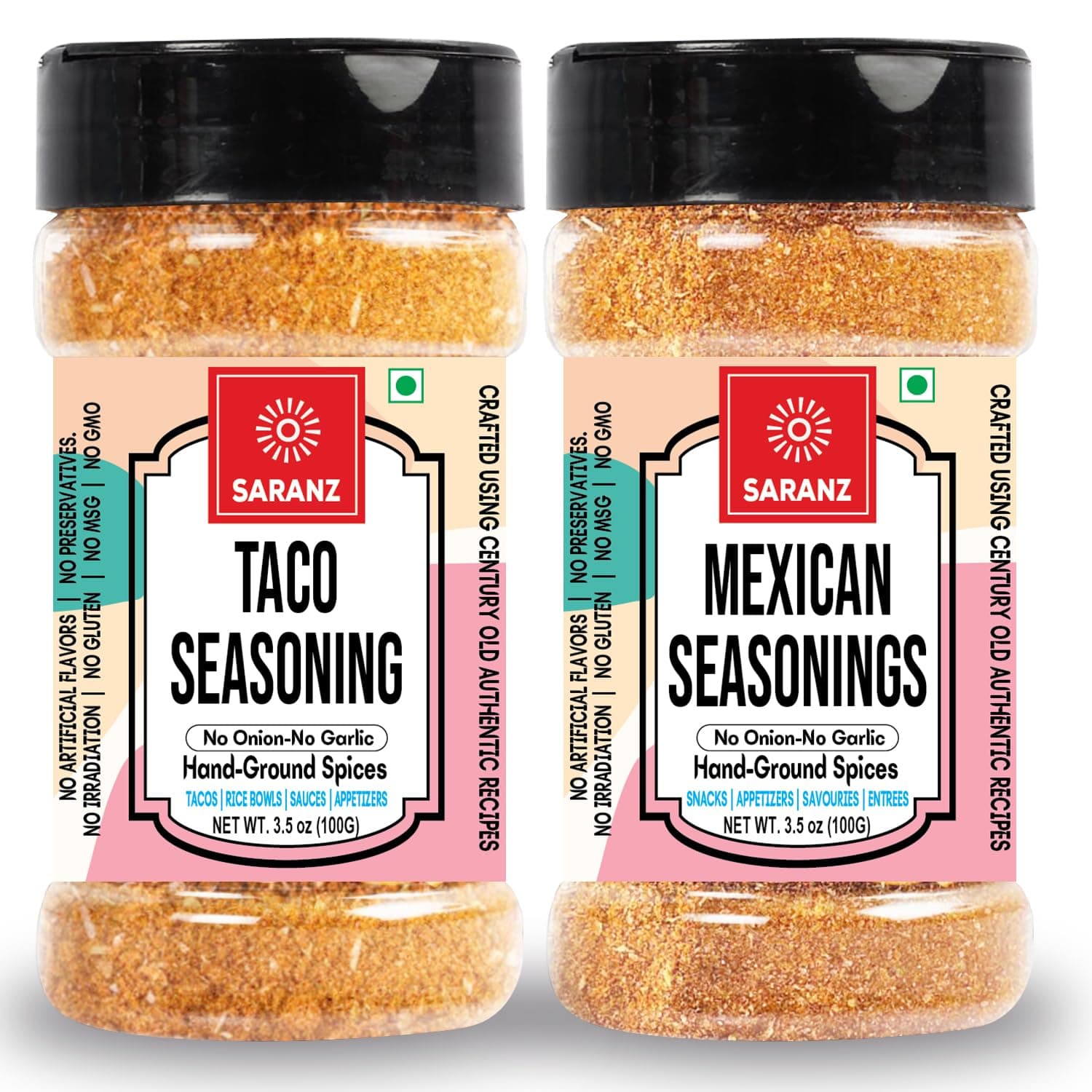 SARANZ Jain Mexican Seasoning Combo Pack | Jain Taco Mix and Mexican Mix | No Onion No Garlic | For Tacos, Burritos, Wraps, Nachos and Rice Bowls | Vegan, Gluten-Free, Dairy-Free | Set of 2 x 100g Jars
