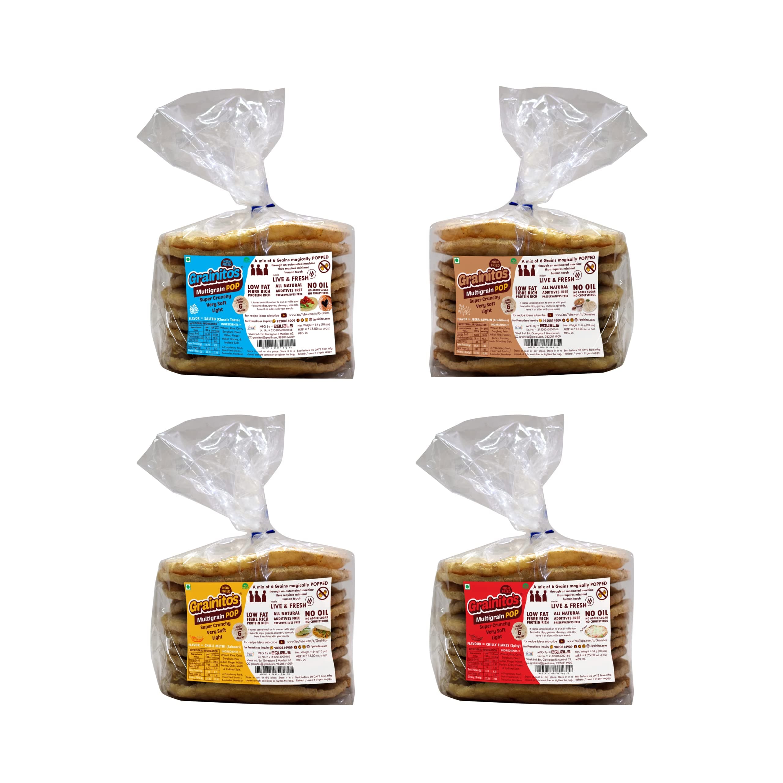 Grainitos Healthy Multigrain Papad, Not Baked Not Fried - its POPPED (Jain Combo) Salted 1, Chilli Methi 1, Jeera Ajwain 1, Chilli Flakes 1 — image 2