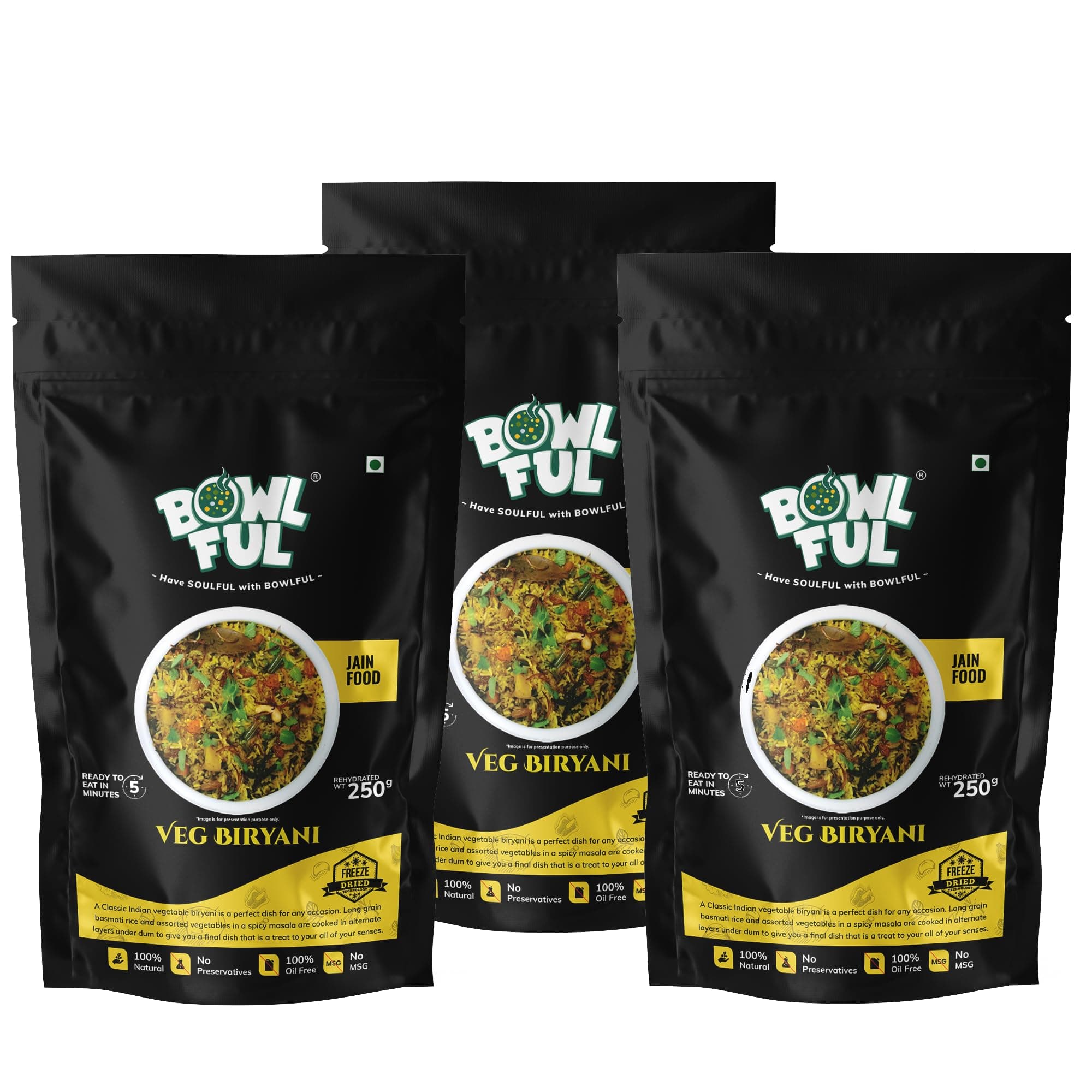 Bowlful Jain Veg Biryani, 70 GMS,Pack of 3, Rice with Rich Raw Spices. 100% Natural, Freeze Dried Food — image 2