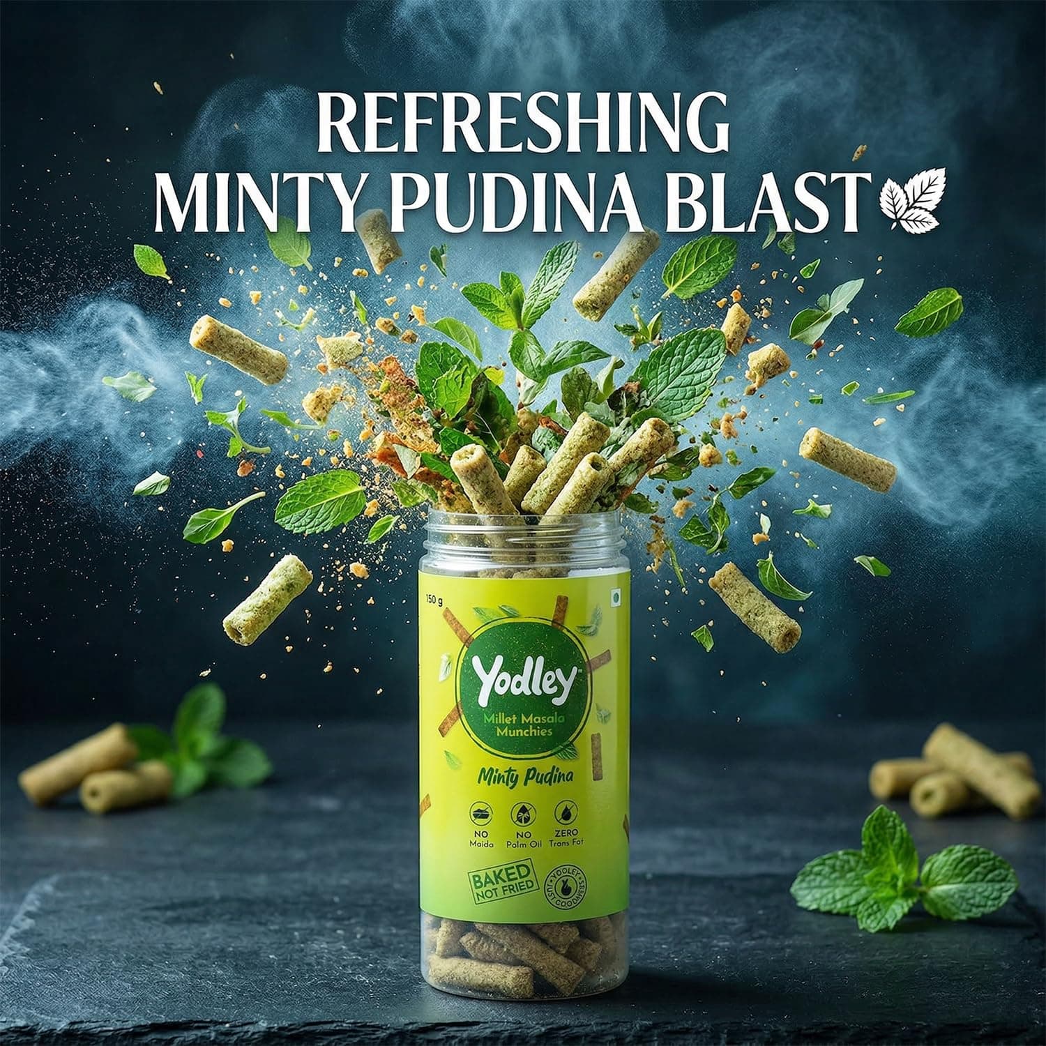 Yodley Millet Masala Munchies - Minty Pudina Flavour - Pack Of 2 | Baked, Not Fried | No Maida, No Palm Oil | Zero Cholesterol | Zero Trans Fat & High In Fiber | Calcium & Iron Rich | Healthy Indian Snack - 150gm — image 3
