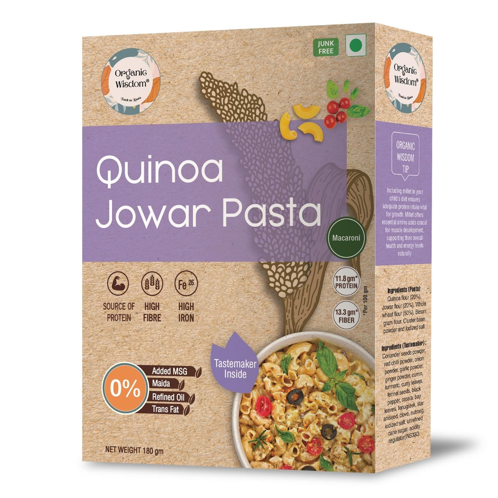 Organic Wisdom-Back to Roots Quinoa Jowar Macaroni, 180 g | Millet Pasta | No Maida | No MSG | No Refined Oil | High Protein & Fiber