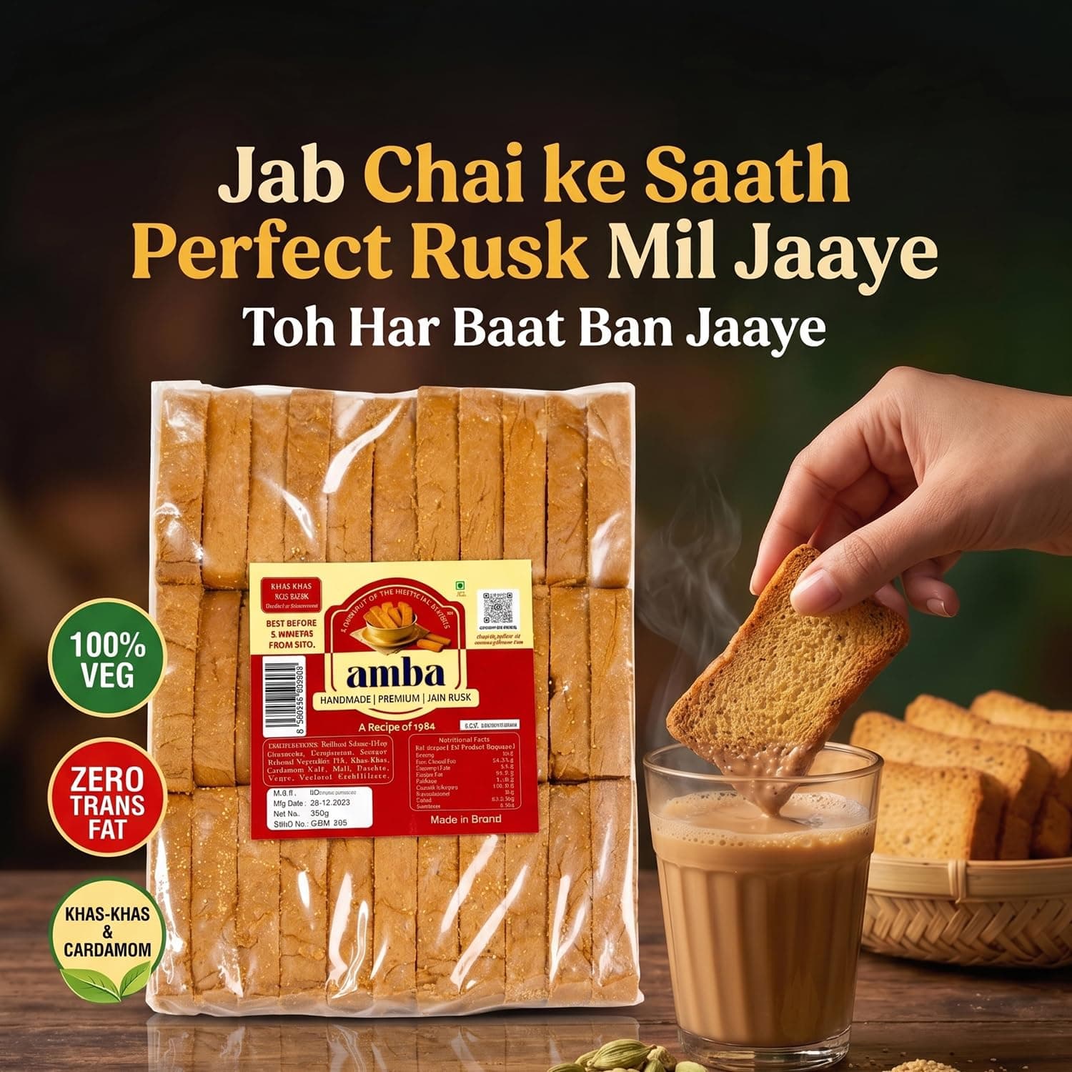 Amba Handmade Jain Khas-Khas Suji Rusk & Peepe Wale Aata Biscuit Combo Pack | Crispy Tea Time Snacks | Made With Desi Ghee | Traditional Bakery Style Biscuits | Premium Vegetarian Snacks — image 5