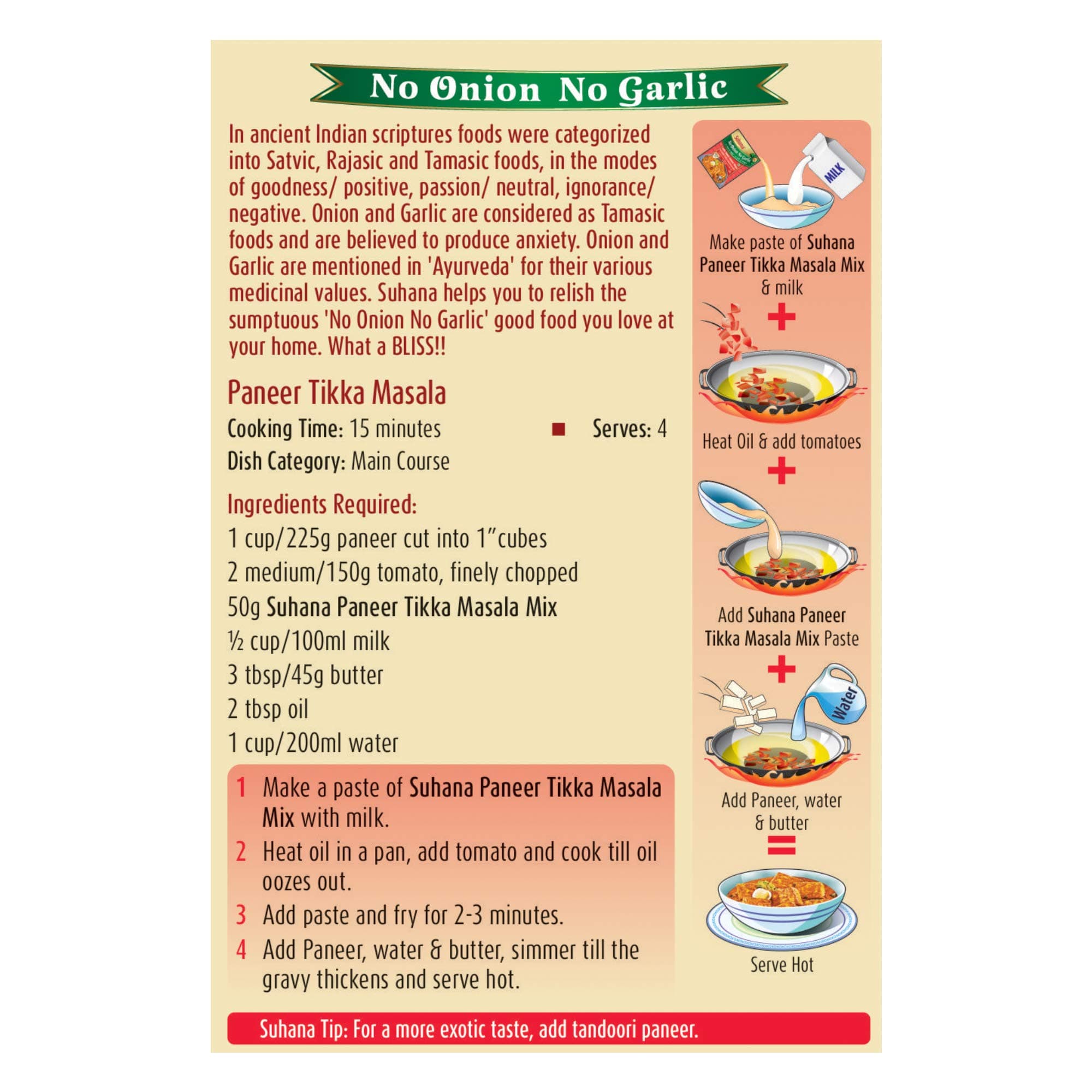 Suhana Paneer Tikka Nong (No Onion No Garlic) 50g Pouch | Spice Mix | Easy to Cook | Pack of 3 — image 4