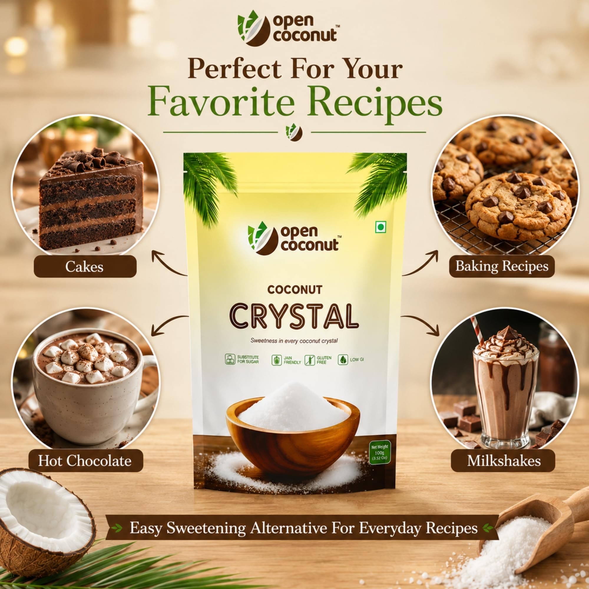 Open Coconut CRYSTAL 100g x 1 Pack - Jain Friendly | Natural Sugar Sweetener Substitute | Low Glycemic Index | Gluten, Sugar, Preservative Guilt Free | Perfect for Cake, Baking, Hot Chocolate, Milkshakes & More — image 4