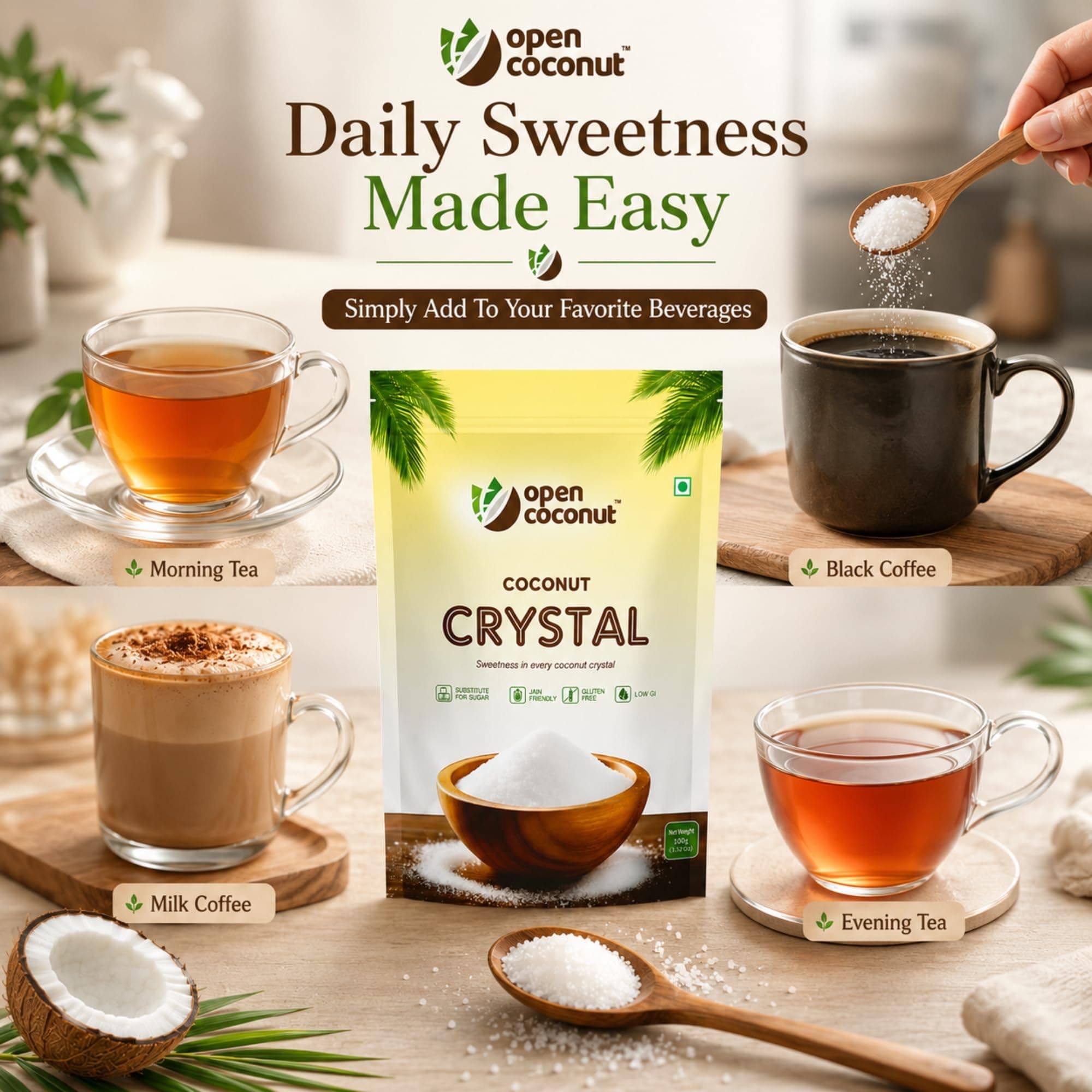 Open Coconut CRYSTAL 100g x 1 Pack - Jain Friendly | Natural Sugar Sweetener Substitute | Low Glycemic Index | Gluten, Sugar, Preservative Guilt Free | Perfect for Cake, Baking, Hot Chocolate, Milkshakes & More — image 5