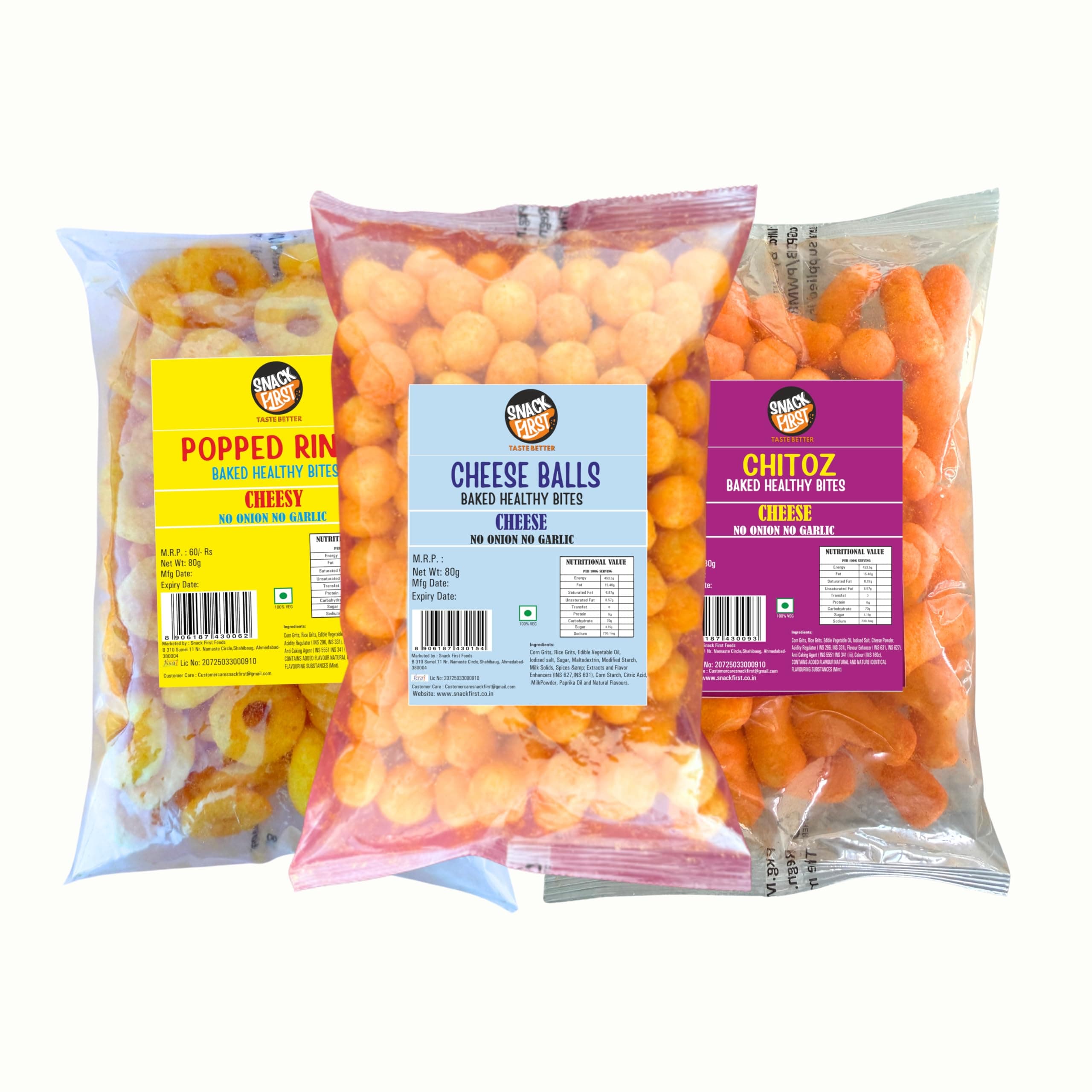 Snack First Baked Cheese Snack Combo, Cheese Balls, Chitoz, & Rings, Combo of 3, No Onion No Garlic, Jain, Puffed Snack, Corn Puffs, Healthy Snack, Namkeen, Each 80g — image 2