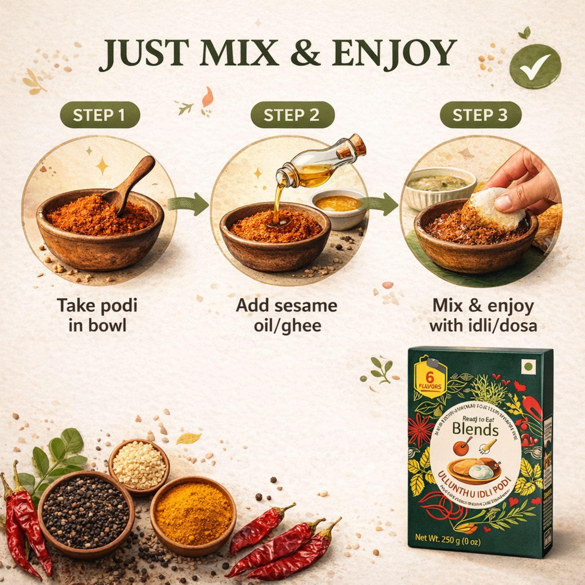 6Flavors Ullundhu Podi Powder 250g | Black Gram Podi Powder | South Indian Chutney Powder for Idli, Dosa & Rice | Protein Rich Traditional Podi Masala | No Onion No Garlic No Preservatives — image 4