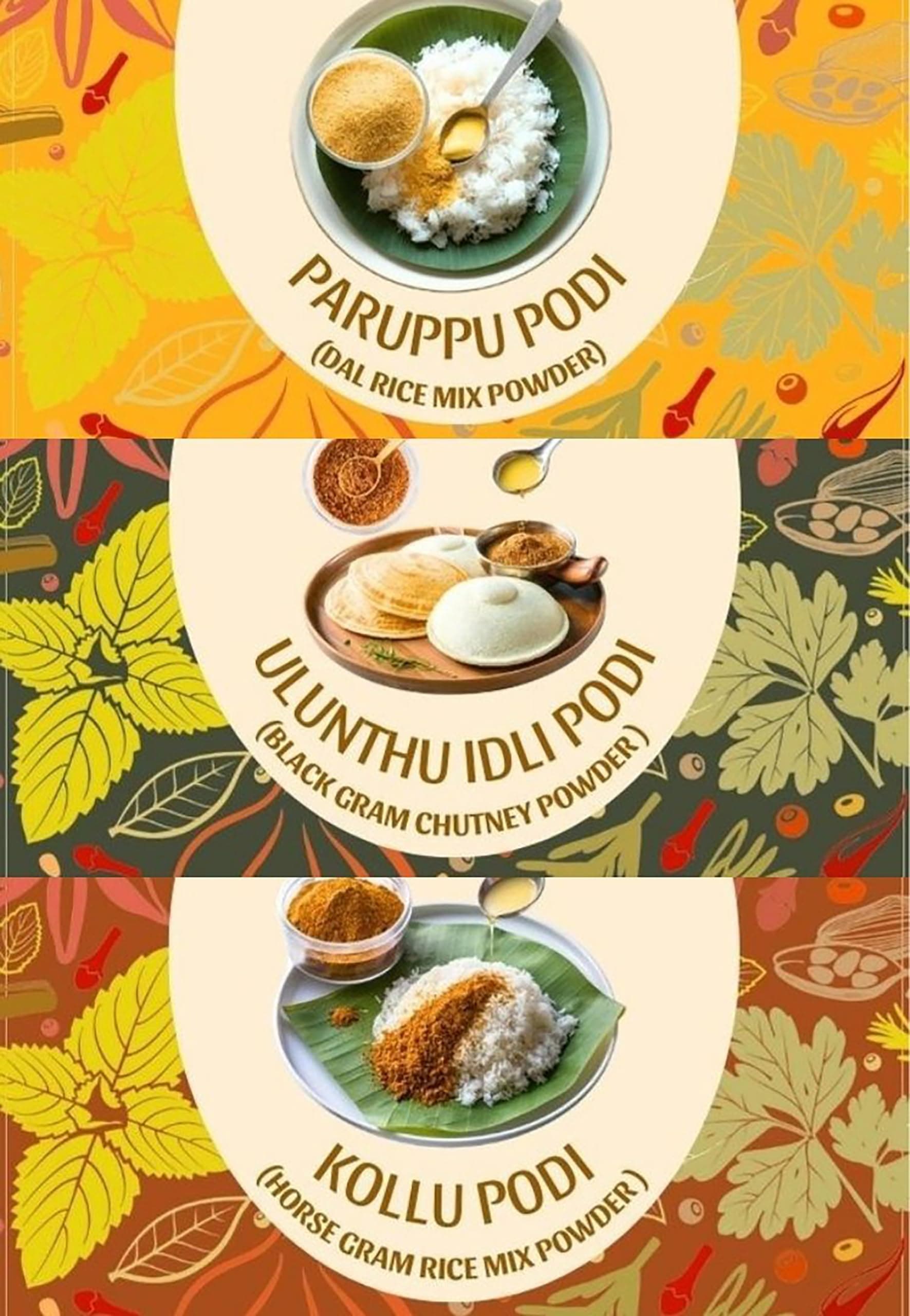 6Flavors Combo Pack: Paruppu Podi, Ulunthu Podi, Kollu Podi | 3 x 250g | Chutney/Rice mix Powders | No Onions, Garlic, Preservatives | Ideal for Idli, Dosa & Rice. — image 2