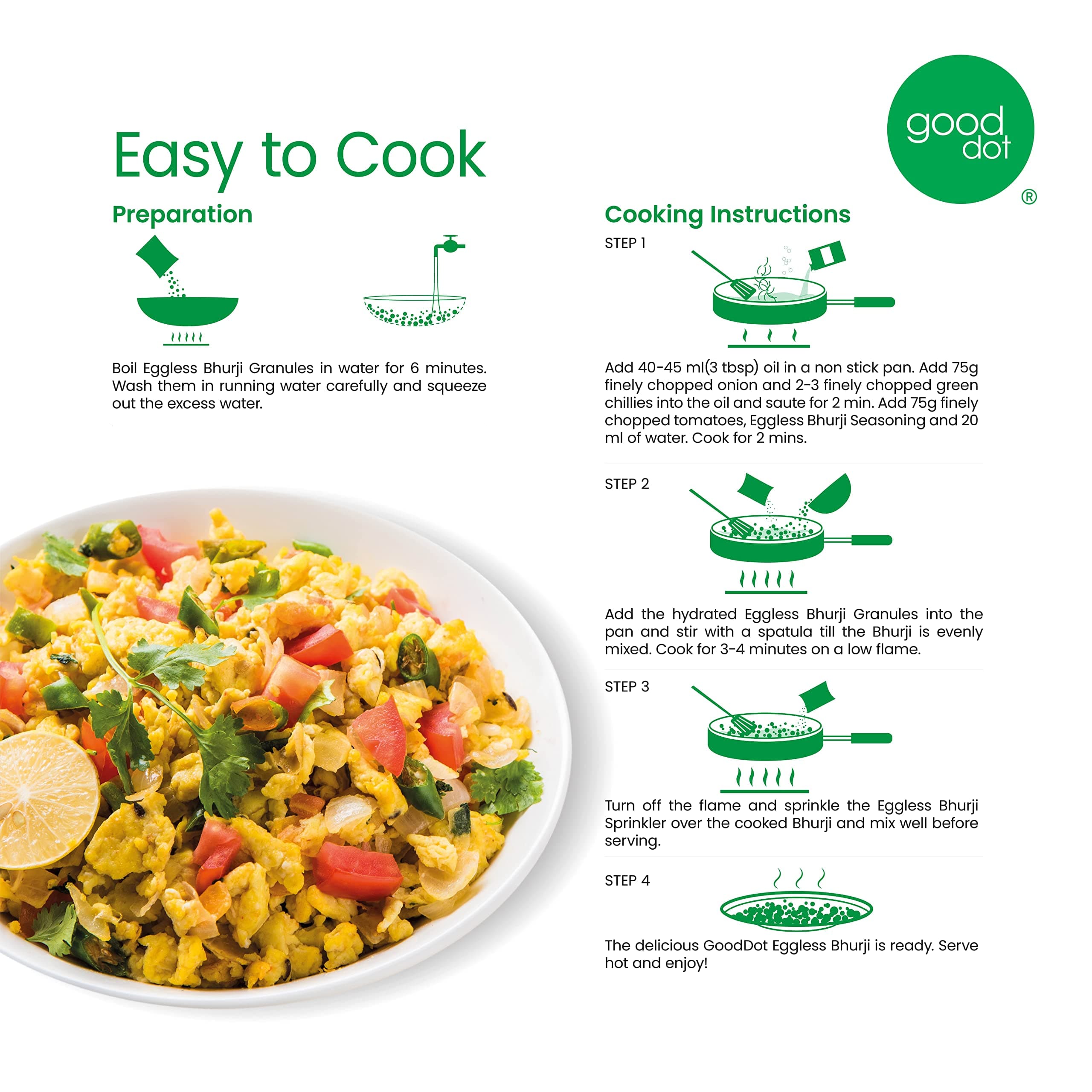 GoodDot Eggless Bhurji Kit – Plant-Based Vegan Protein Bhurji – Ready to Cook – No Egg, No Cholesterol – High Protein Soy Bhurji – Healthy Indian Breakfast Mix – 100g — image 5
