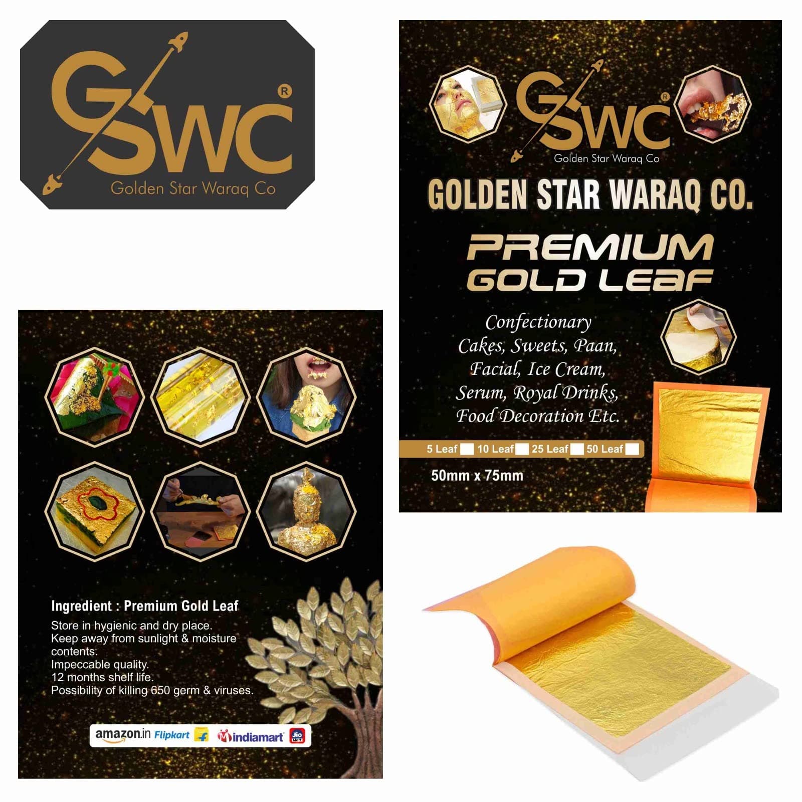 24k Pure Edible Gold Vark Golden Leaf 50MMx50MM Gold Foils 25 Sheets for Cake Sweets ayurvedic Medicine face Treatment Anti Aging spa (30) — image 3