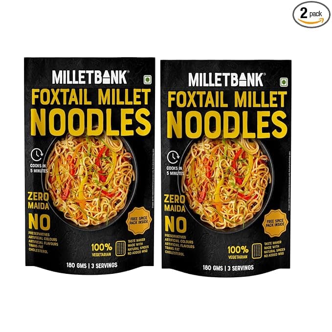 Millet Bank No Maida Foxtail Millet Hakka Noodles combo Free Masala Pack Inside, No Maida, Not Fried, No MSG, No Added Preservatives, Noodles for All Age Groups Naturally Yours ,Cup Noodles Pack of 2 180g Each