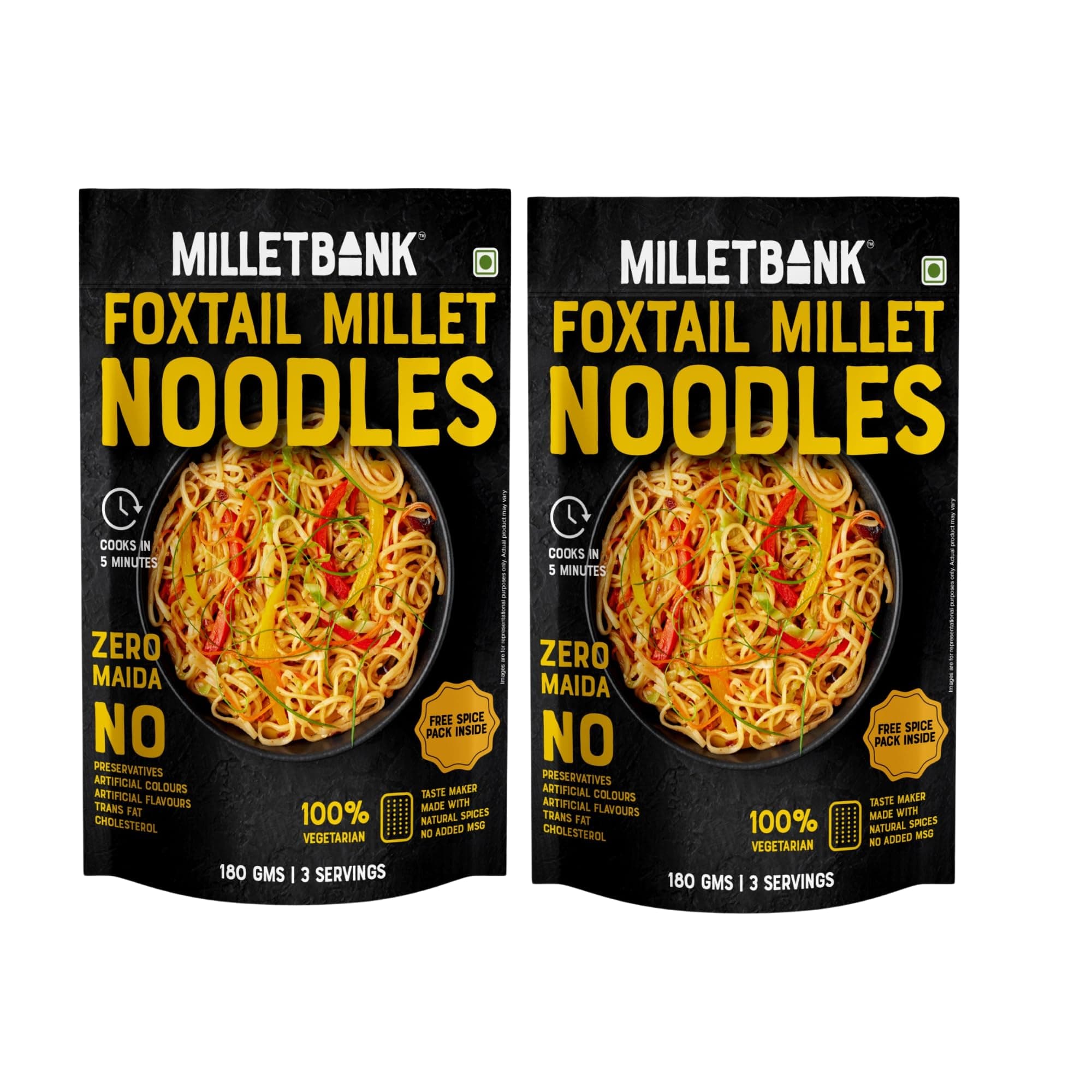 Millet Bank No Maida Foxtail Millet Hakka Noodles combo Free Masala Pack Inside, No Maida, Not Fried, No MSG, No Added Preservatives, Noodles for All Age Groups Naturally Yours ,Cup Noodles Pack of 2 180g Each — image 2