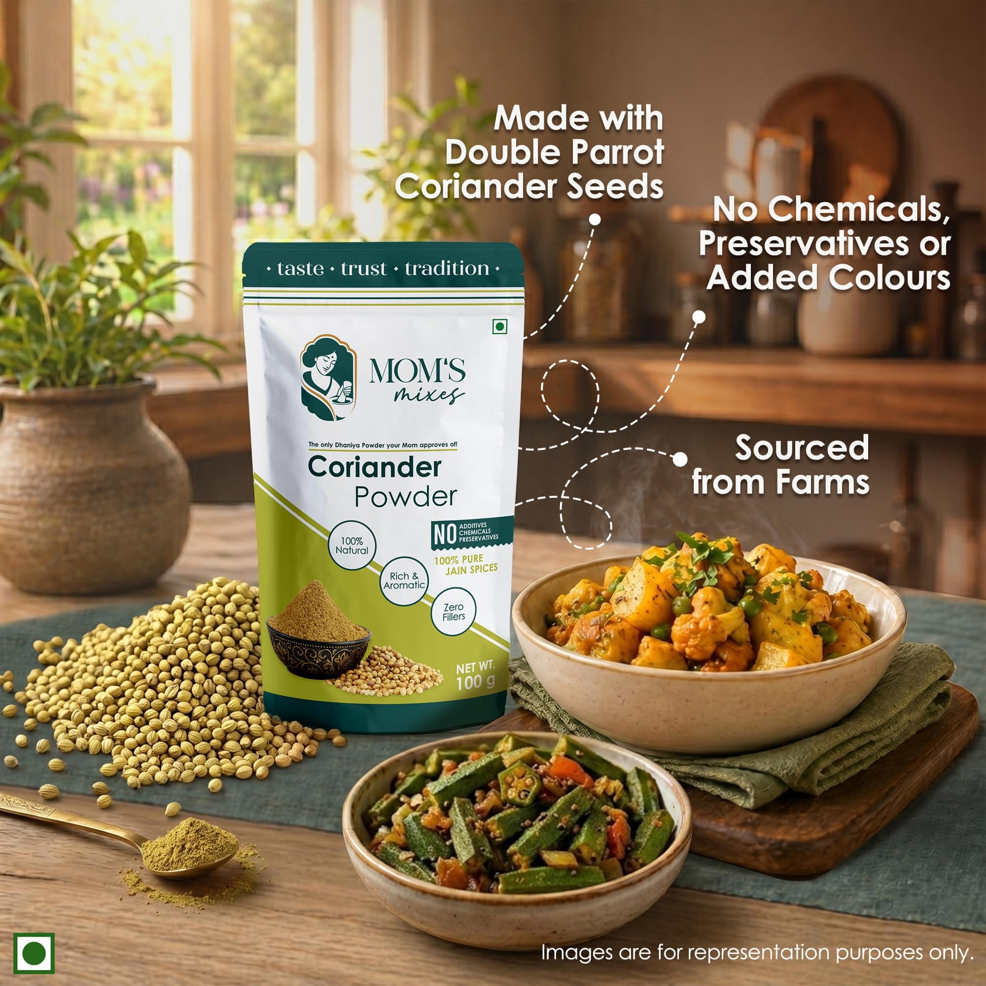 Mom’s Mixes Coriander Powder (Dhaniya) | Double Parrot Seeds | Strong Aroma | Pure & Natural | No Preservatives | No Onion No Garlic (Jain Friendly) | 100g — image 6