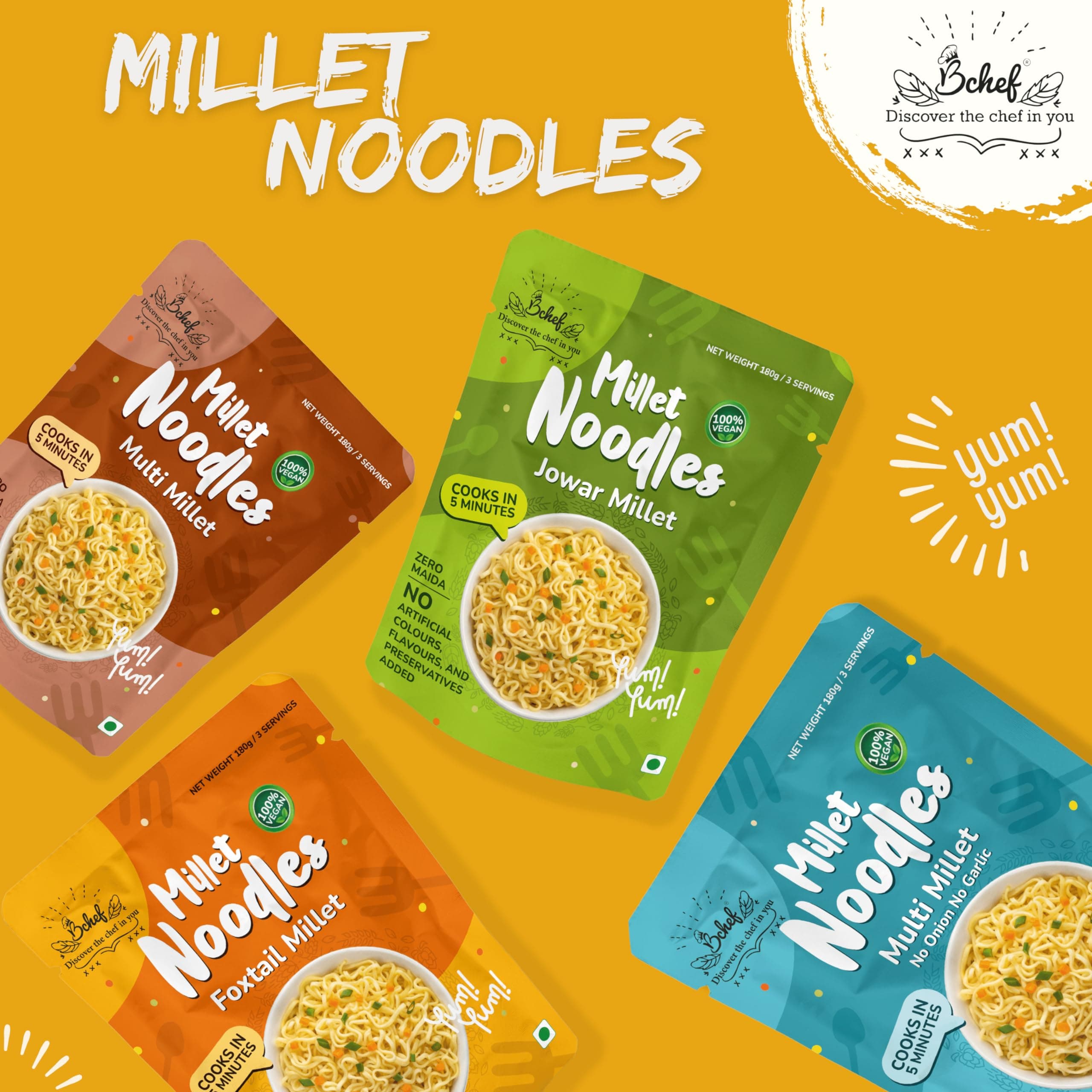 Bchef Jowar and Multi Millet Noodles | Zero Maida, No Artificial Colours, No Flavours & Preservative Added | 100% Vegan Noodles | Healthy Nutritional Food, (Combo Pack of 2,180g each) — image 9