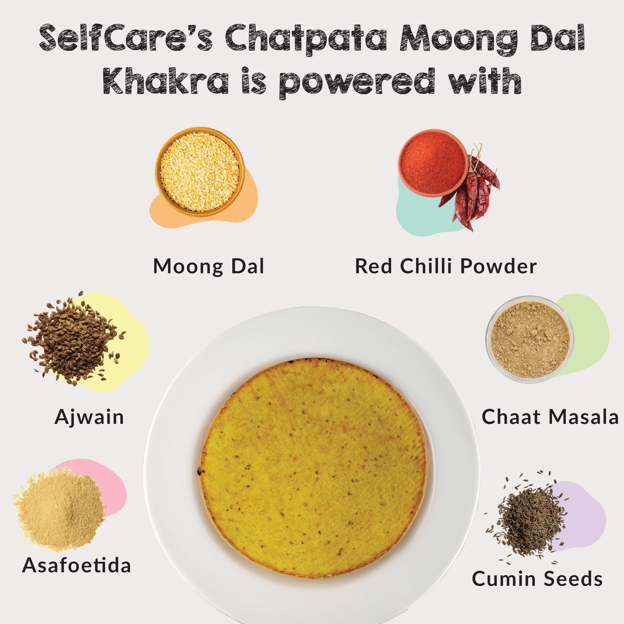 SelfCare By Suman Agarwal Chatpata Moong Dal Khakhra Pack of 1 250g | Roasted-Healthy-Snacks-Crackers-Namkeen-Grocery | Crispy & Chatpata - Tae time - Eat with Dip | Gluten Free - Jain & Travel Friendly — image 2