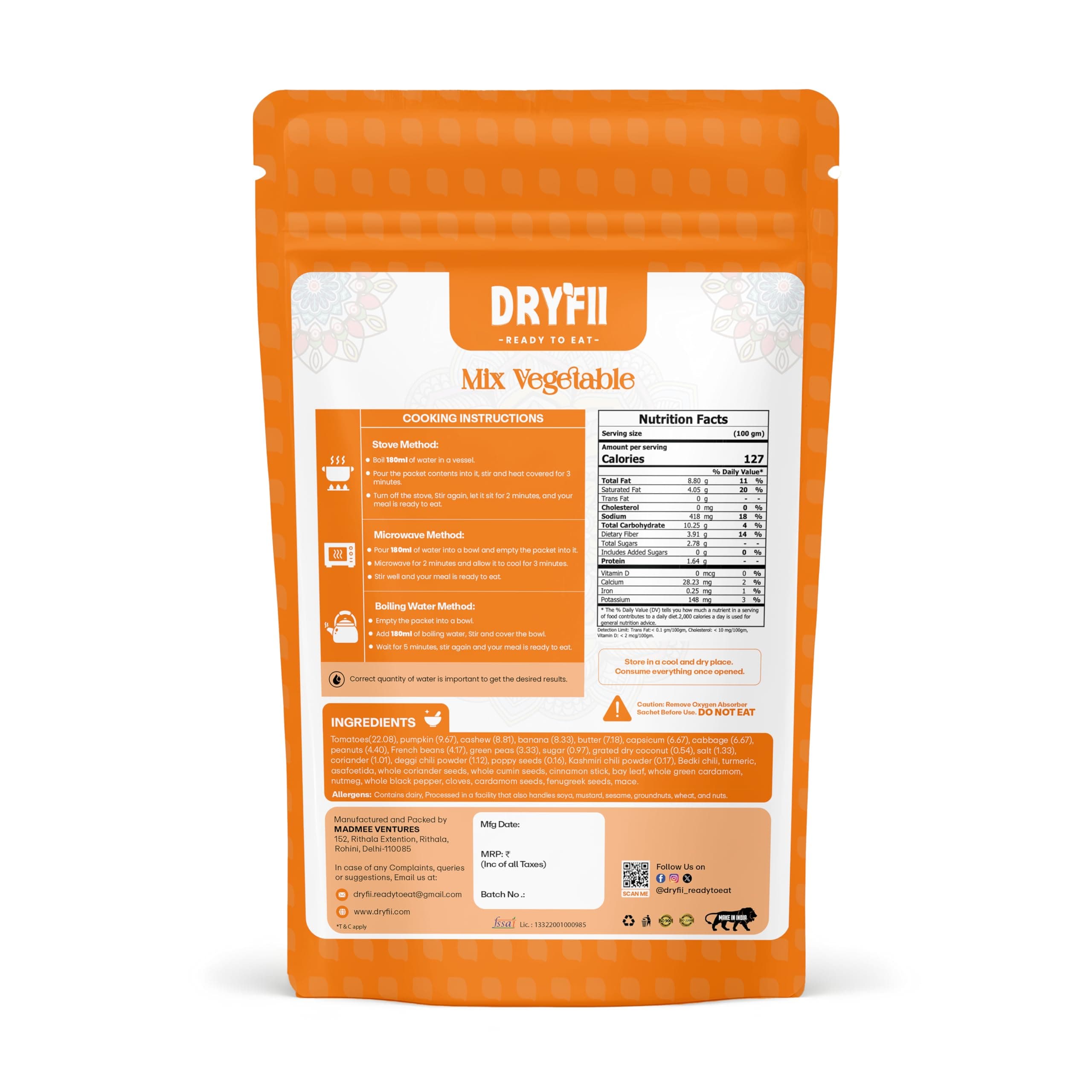 Dryfii Ready to Eat Laccha Paratha (5 Pieces, 1 Pack) & Jain Mix Veg Combo | Freeze Dried | Everyday Veg Meal | No Onion No Garlic — image 3