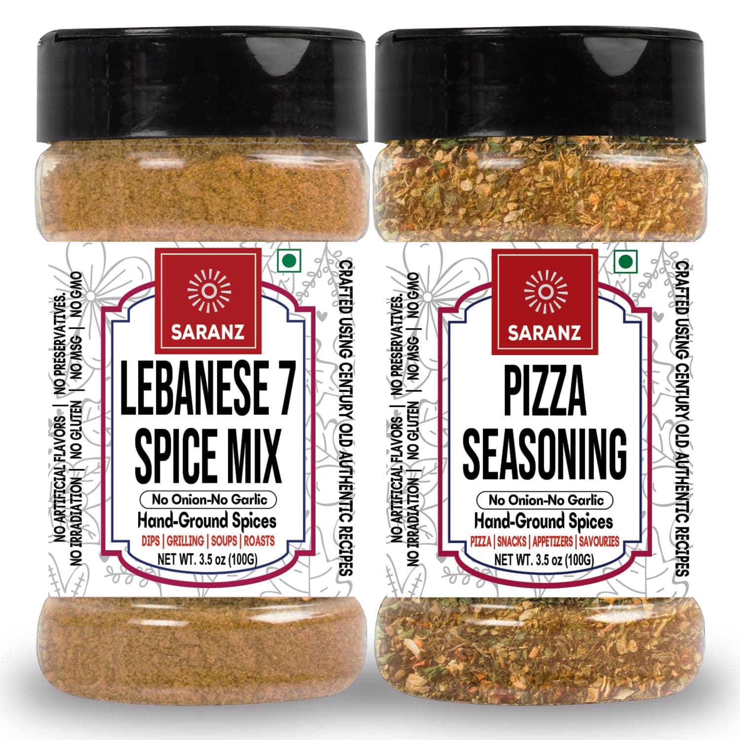 SARANZ Lebanese 7 Spice & Pizza Mix Jain Seasoning (Combo Pack) Batata Harra Masala | Perfect for Snacks, Appetizers, Main Dishes and Flavoured Vegan | Middle East Seasonings | 100 Gm Sprinkler Jar — image 2