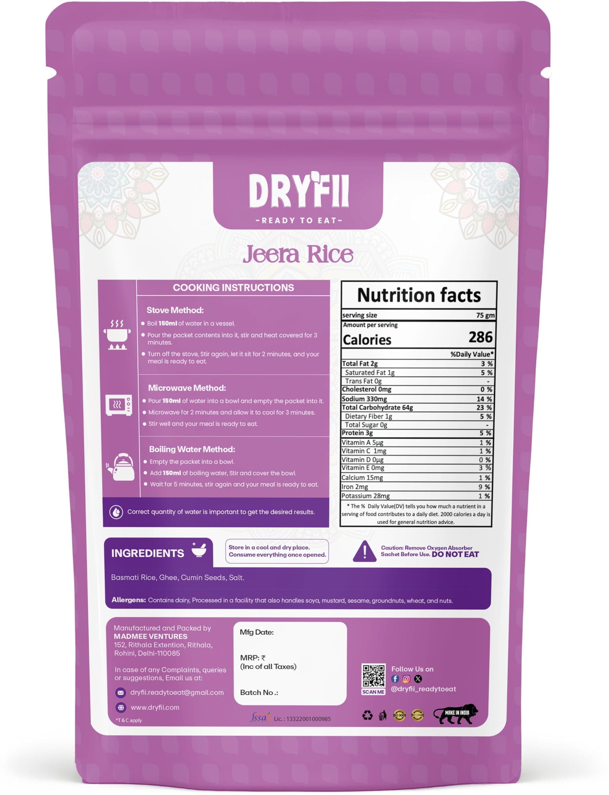 Dryfii Ready-to-Eat Dal Paratha (5 Pcs Parathas) with Jain Jeera Rice | No Onion No Garlic Veg Combo Meal | Pure Vegetarian — image 3