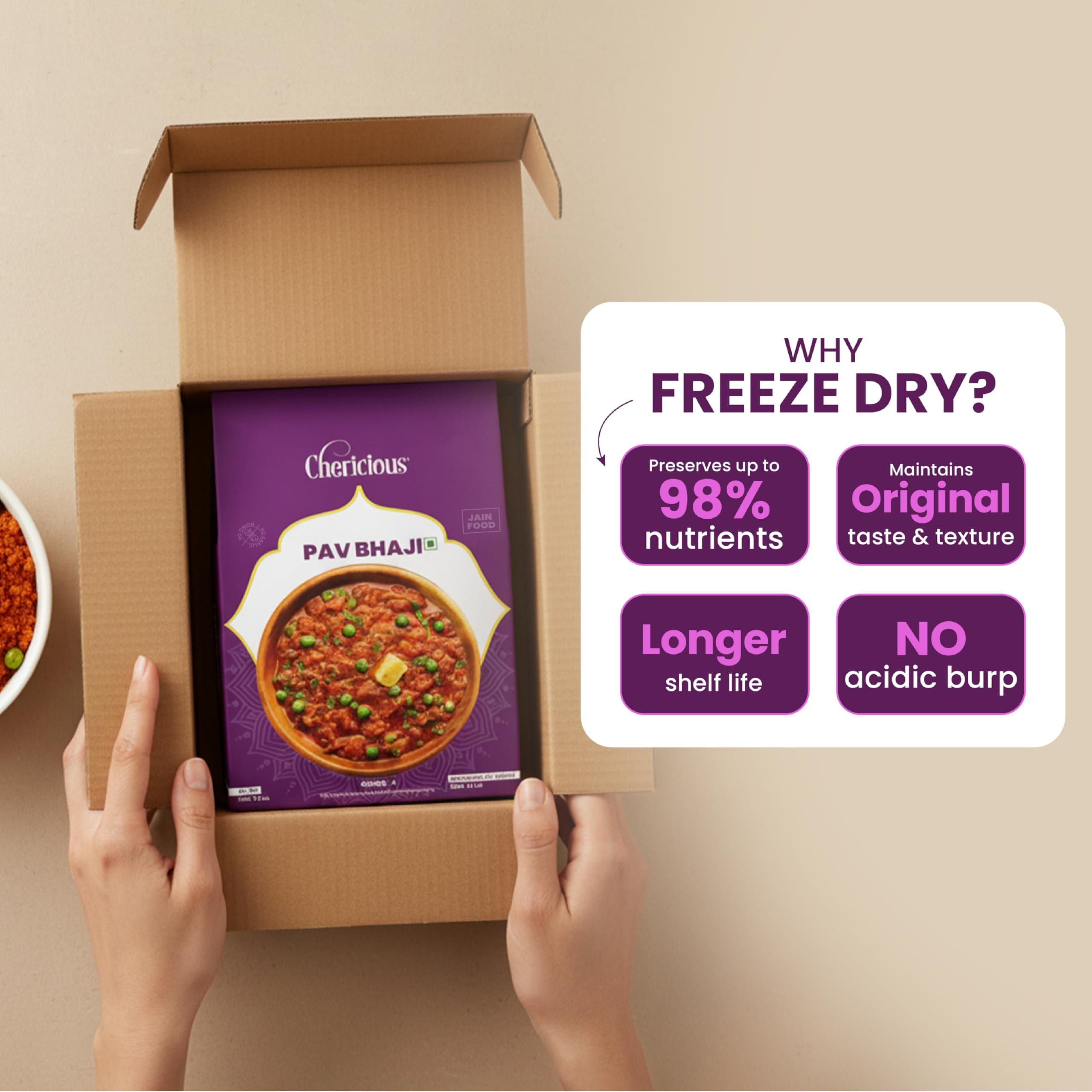 Chericious Ready to Eat Jain Pav Bhaji | Freeze Dried-400 gm| No Onion No Garlic | Indian Street Food Style | Instant Heat & Eat Meal (Pav Bhaji) — image 7