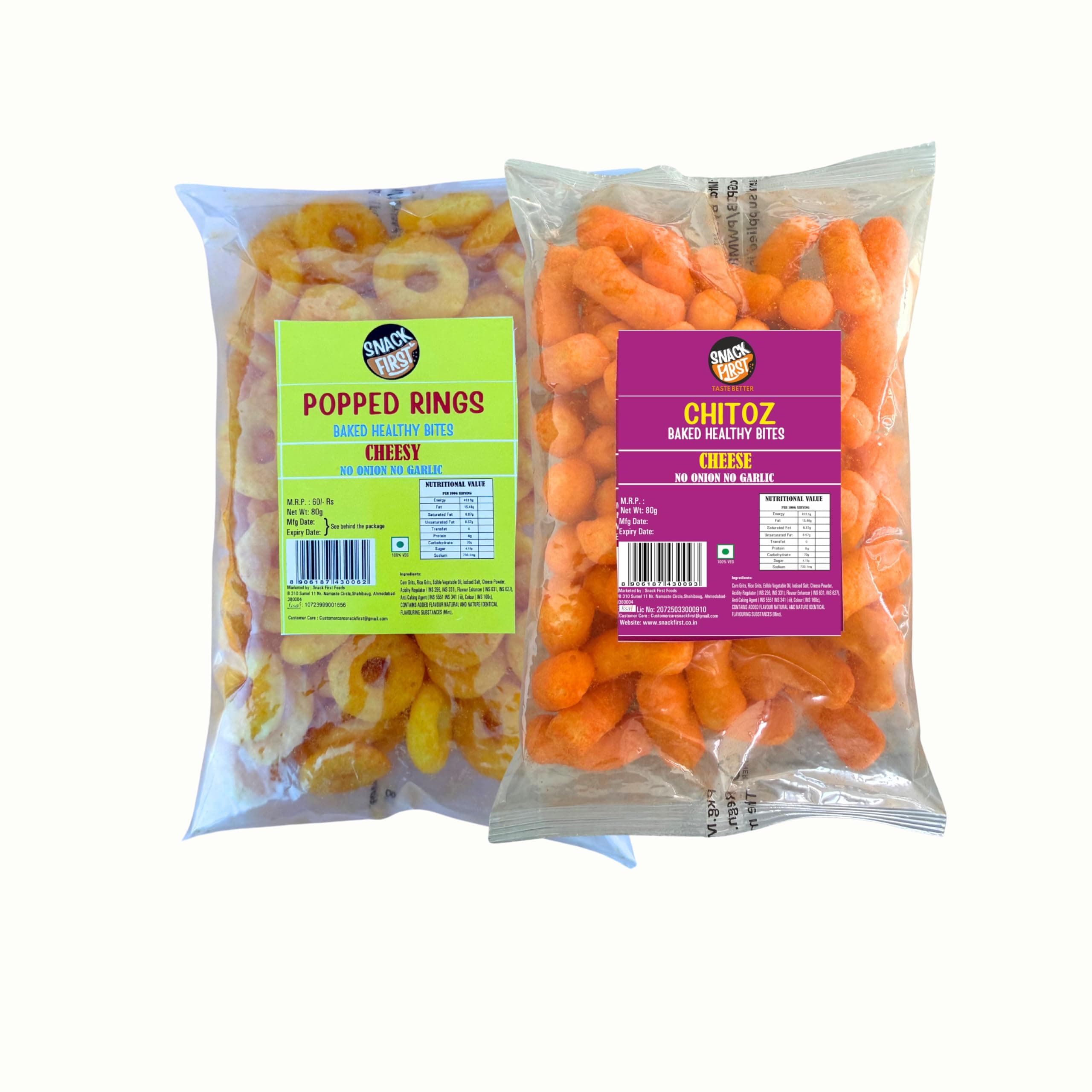 Snack First Baked Popped Ring Cheese & Chitoz, Pack of 2, No Onion No Garlic, Jain, Puffed Snack, Corn Puffs, Healthy Snack, Namkeen, Each 80g — image 2