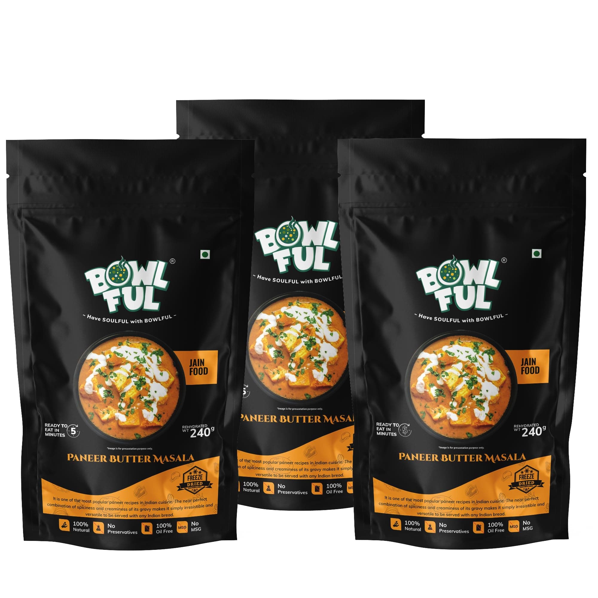 BowlFul Pack of 3 Jain Paneer Butter Masala, 75 gms, Creamy Red Gravy With Cottage Cheese and No Onion or Garlic. 100% Natural, Freeze Dried Food — image 2