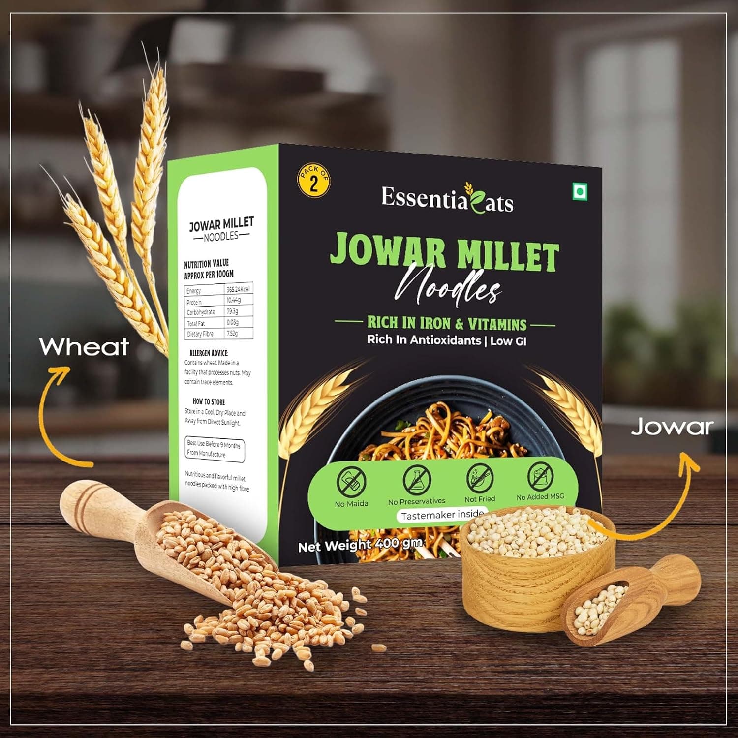Essentiaeats Jowar Millet Noodles Includes Tastemaker 400g Pack of 2, No Maida Not Fried No Preservatives No MSG Healthy Hakka Noodles Ready to Cook — image 3