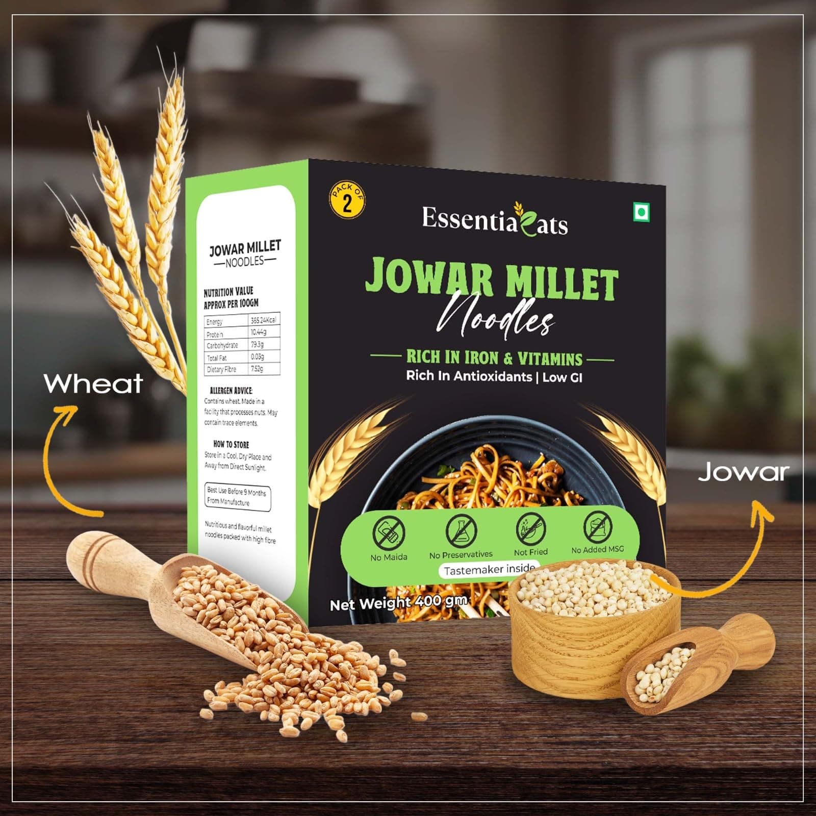 Essentiaeats Jowar Millet Noodles Includes Tastemaker 400g Pack of 2, No Maida Not Fried No Preservatives No MSG Healthy Hakka Noodles Ready to Cook — image 4