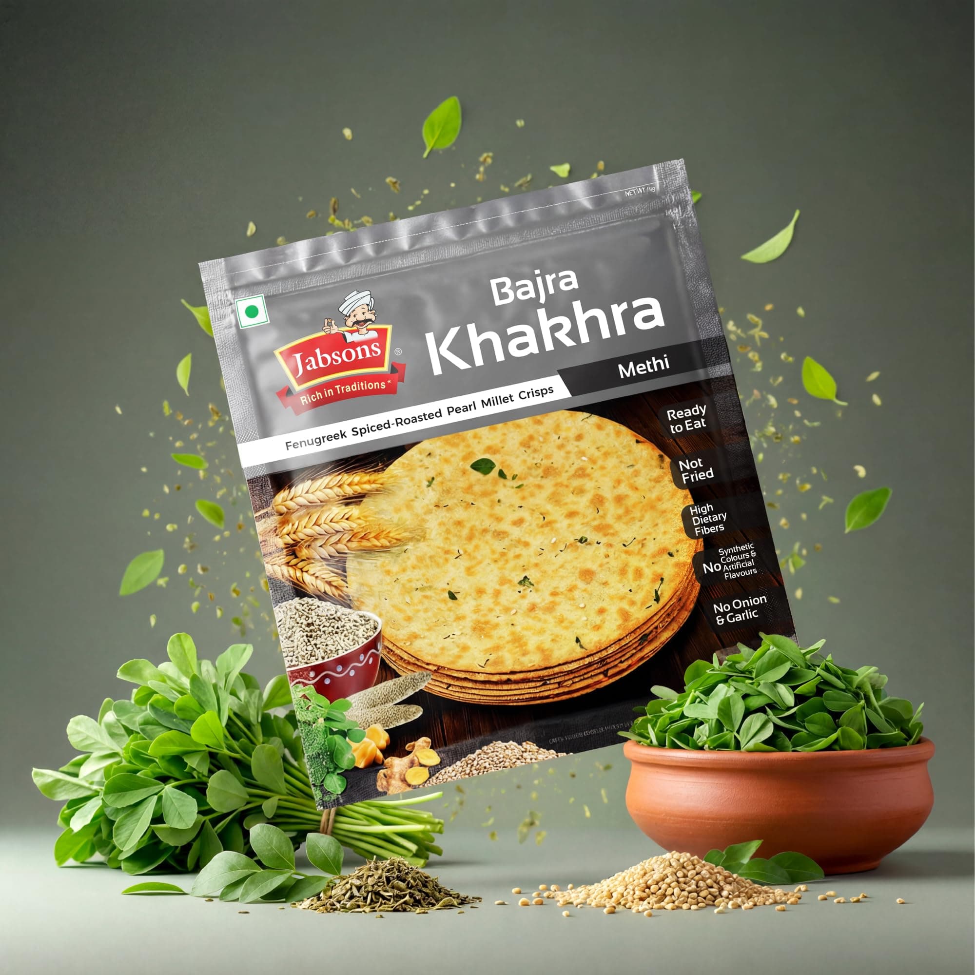 Jabsons Roasted Bajra Methi Khakhra,180 gm | No Onion No Garlic| Ready To Eat Vacuum Sealed | Crispy Bajra Methi Flatbread | Healthy Indian Tea Time Snack | Diet-Friendly Gujarati Khakhra — image 7