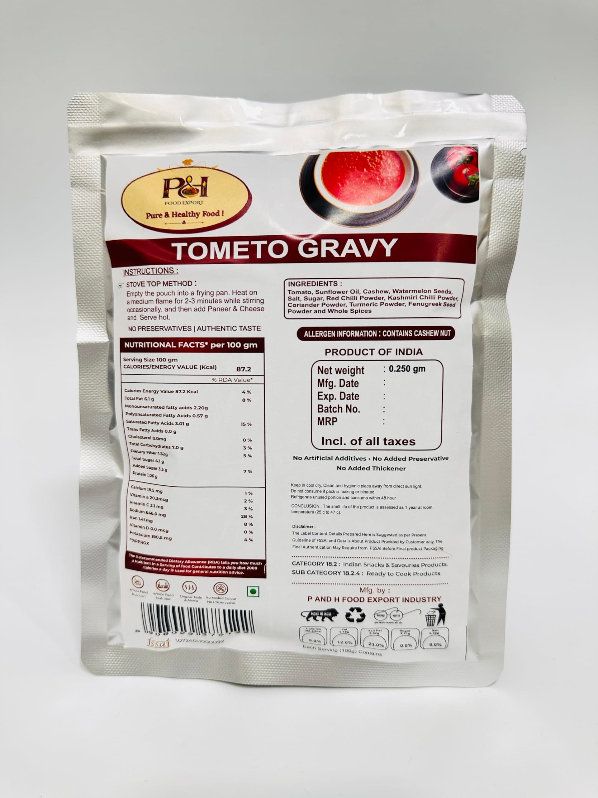 P AND H FOOD EXPORT INDUSTRY Tomato Jain Gravy | No Onion No Garlic | Ready to Use Cooking Base | Rich Tomato Curry Base | No Preservatives, No Artificial Colors | 250 gm Pack of -1 — image 2
