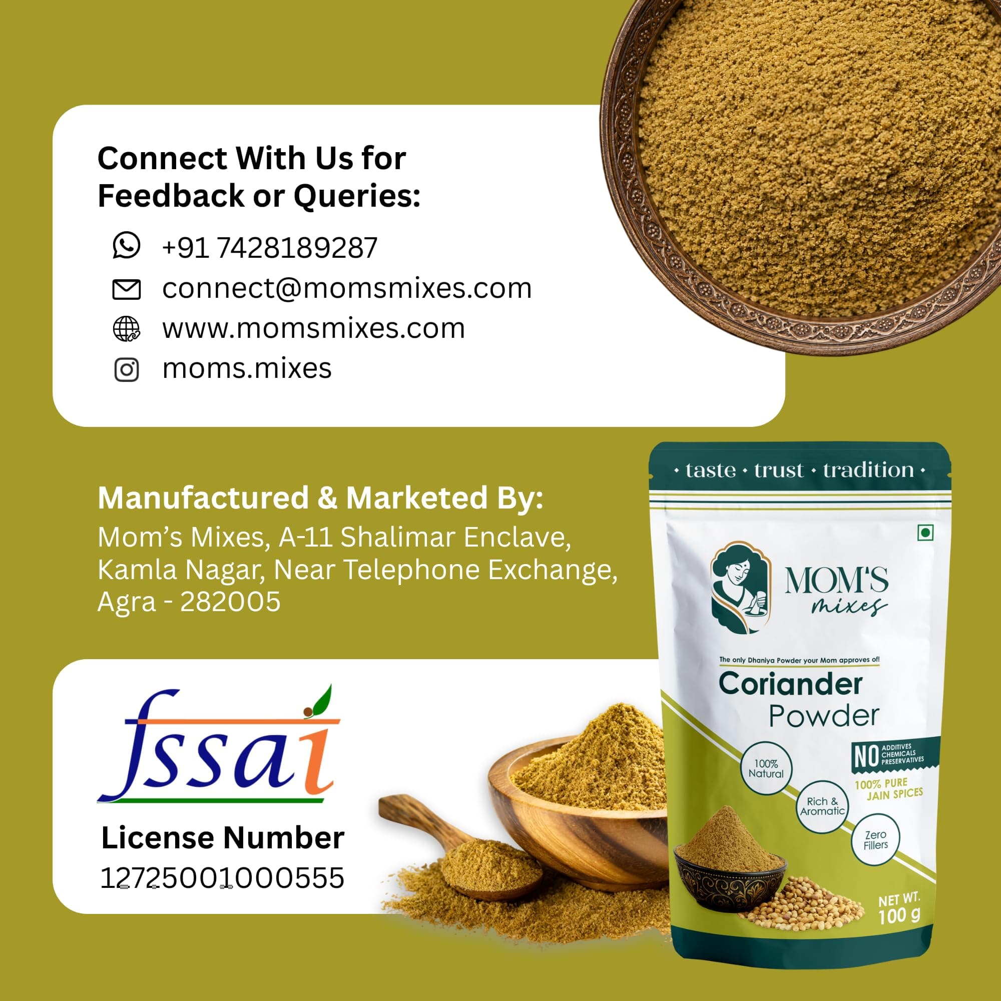 Mom’s Mixes Coriander Powder (Dhaniya) | Double Parrot Seeds | Strong Aroma | Pure & Natural | No Preservatives | No Onion No Garlic (Jain Friendly) | 100g — image 11