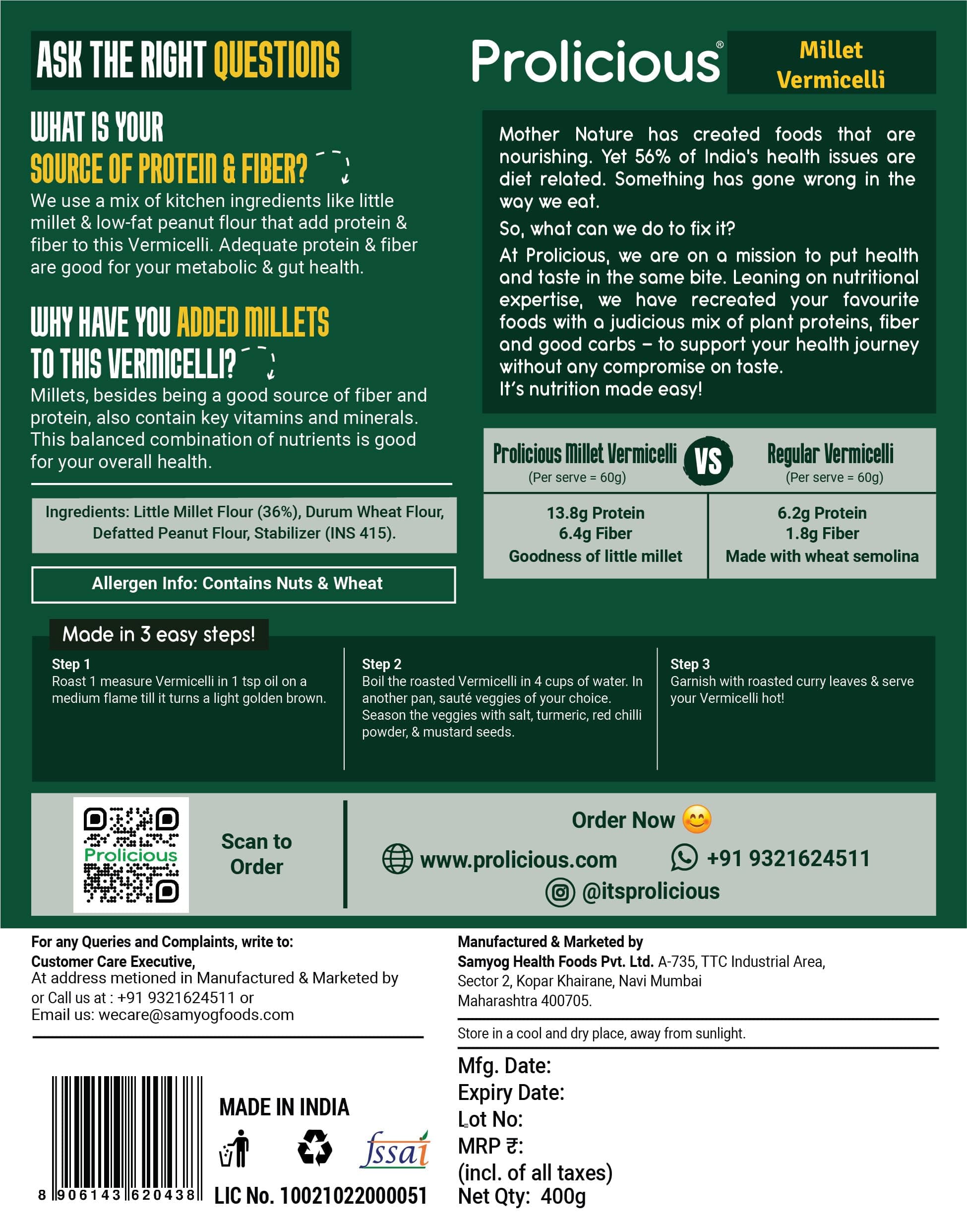 Prolicious Millet Vermicelli | High Protein & High Fiber | Nutritious | Plant Based | No Palm Oil | No Maida | Quick & Healthy Breakfast Option | 400g each (Pack of 3) — image 3