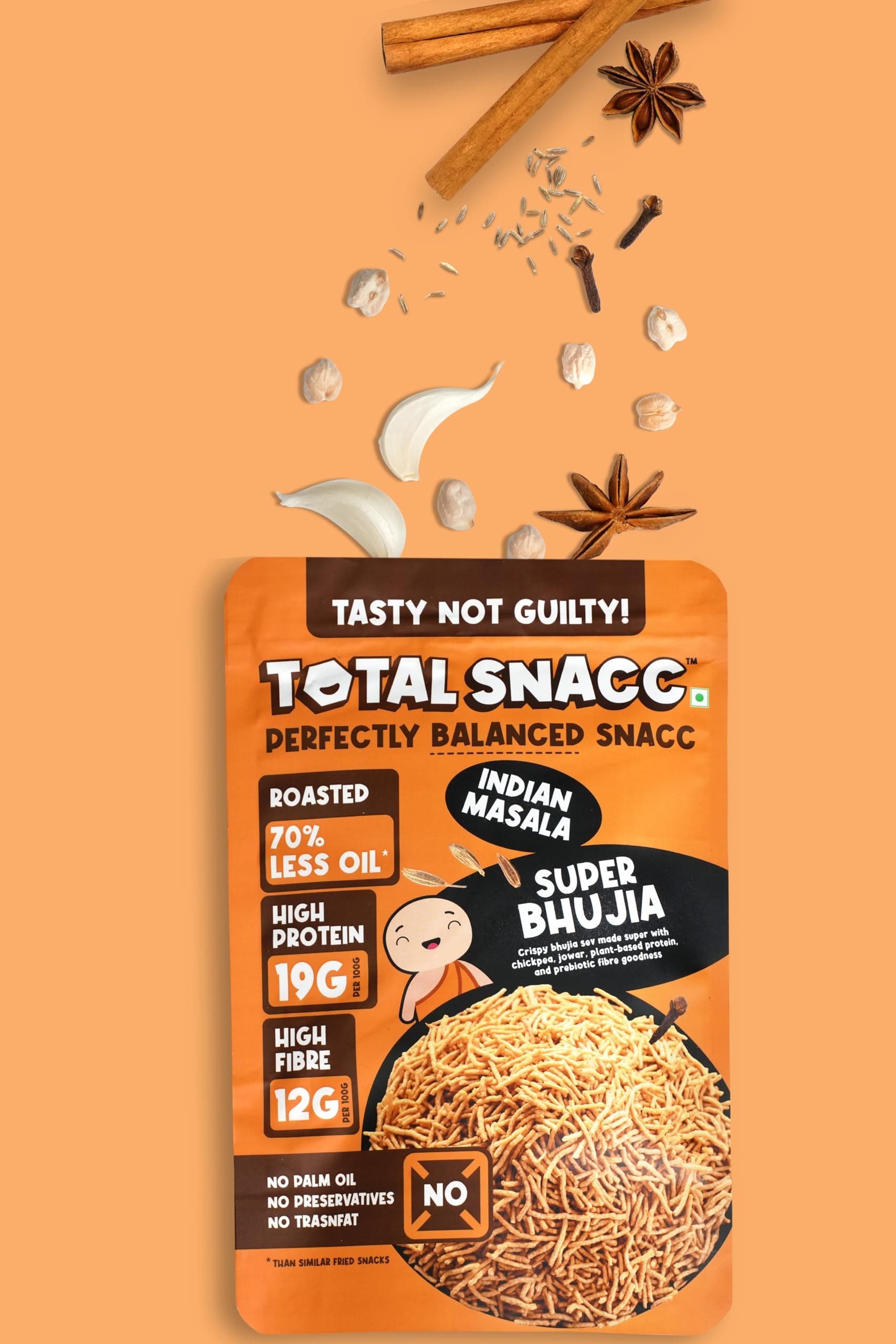 TOTAL SNACC Roasted Bhujia Indian Masala 250g | High Protein 19g, High Fibre 12g | 70% Less Oil | No Palm Oil | Baked Bhujiya | Healthy Namkeen | High Protein Snacks | Diabetic Friendly | Millet Bhujia | Low Calorie — image 8