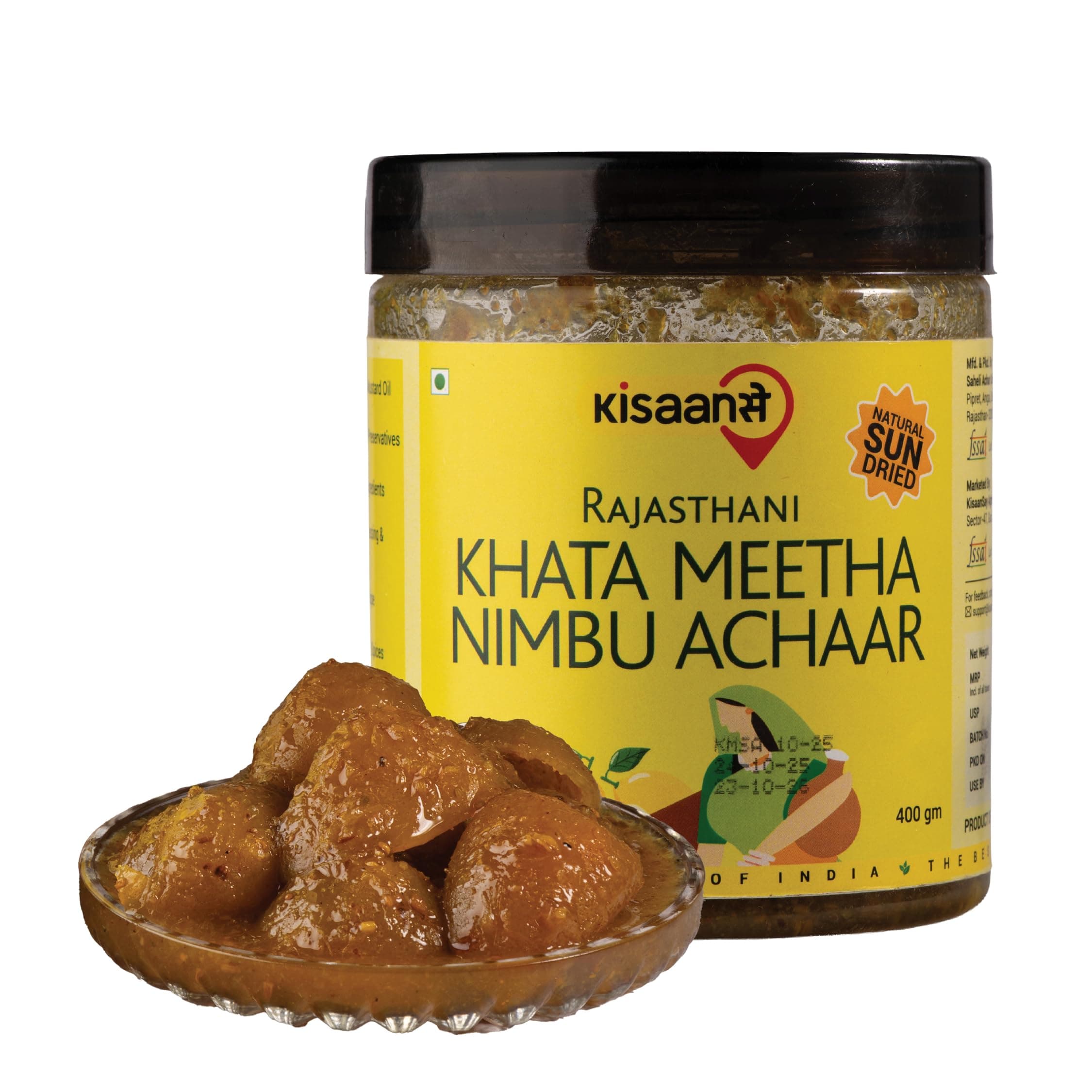 KisaanSay Sweet and Sour Lemon Pickle| Khatta Meetha nimbu Achar | Neembu achaar | 400 GM | Traditional Sweet and sour | No Preservatives, No Vinegar | No Mustard Oil | Sun-Dried | Homemade Taste | Plastic Jar | No Onion & No Garlic |