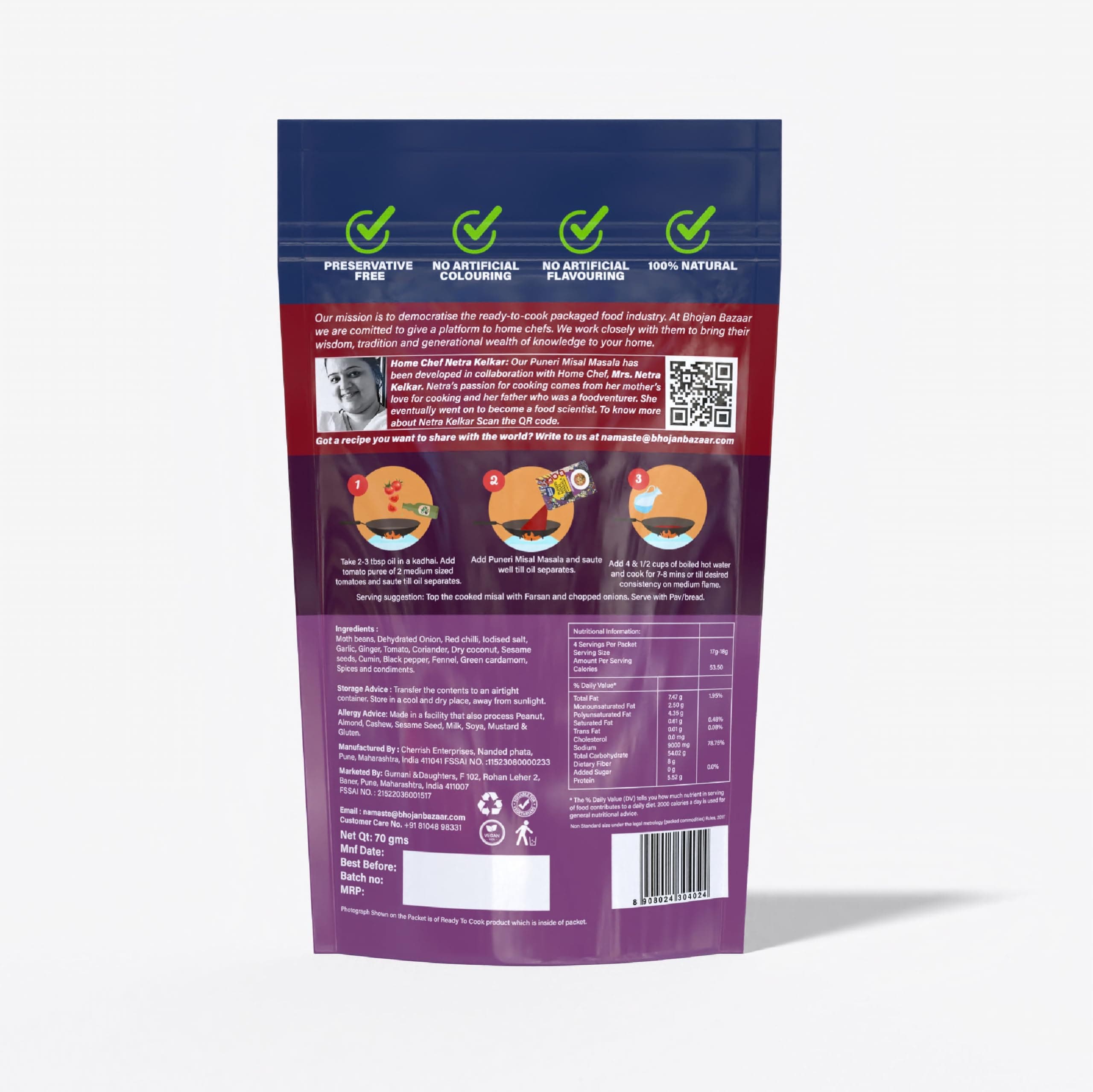 Bhojan Bazaar Instant Puneri Misal Masala Powder, Instant Recipe Mix, No Preservatives, No Added Colours & Flavors, High Protein & Fiber-Rich Food, Authentic Misal Pav Masala Taste, 70 gms, Pack of 2 — image 7
