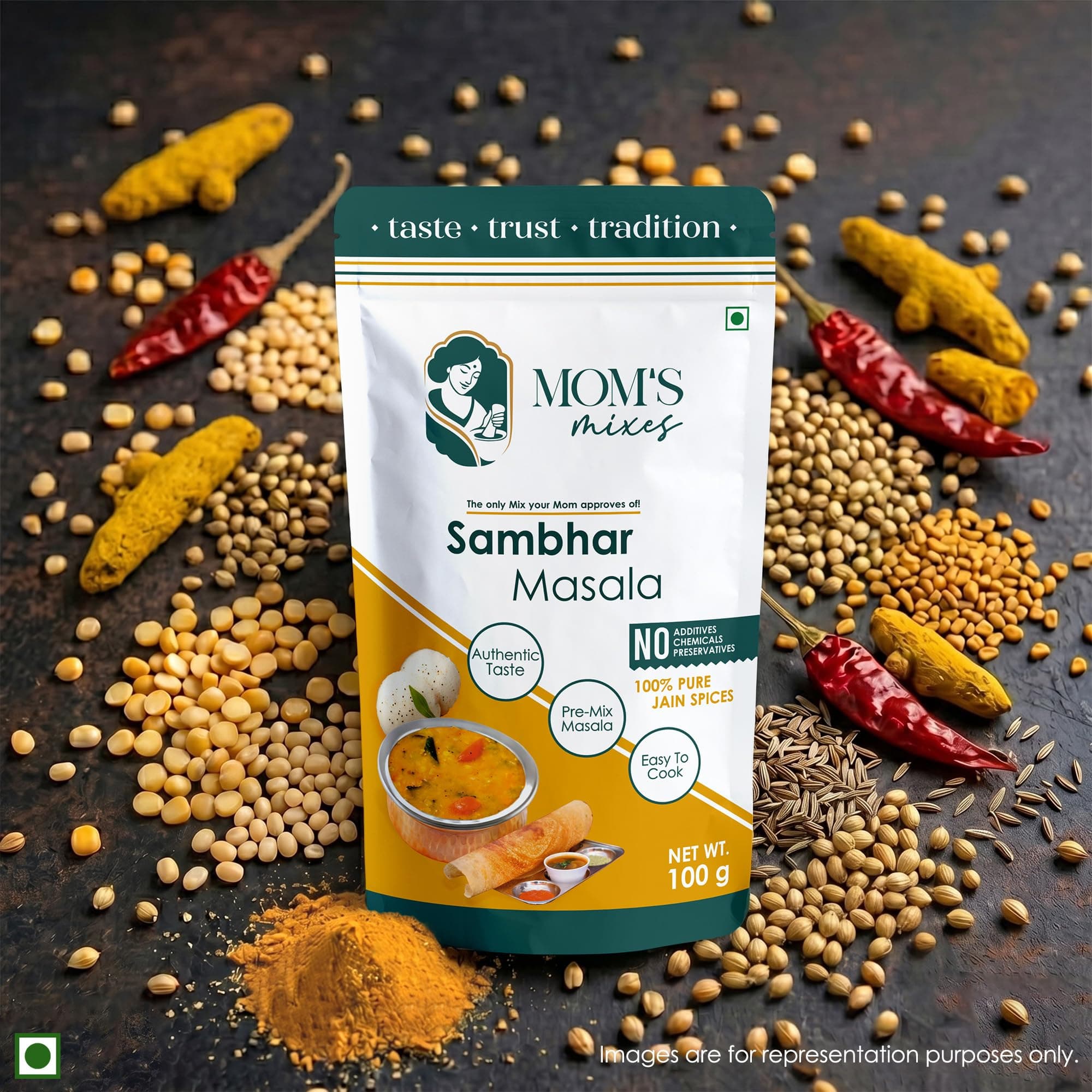 Mom’s Mixes Sambhar Masala (Sambhar Powder) | Pre-Mix Masala | No Onion No Garlic (Jain Friendly) | Authentic South Indian Taste | No Preservatives | 200g — image 3