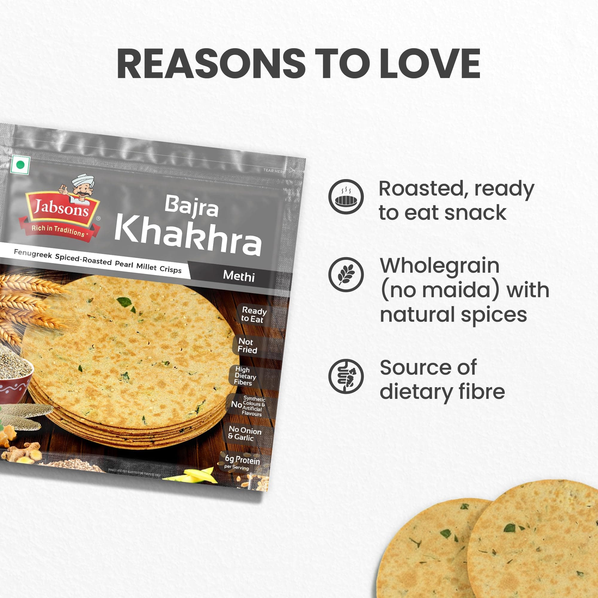 Jabsons Roasted Bajra Methi Khakhra,180 gm | No Onion No Garlic| Ready To Eat Vacuum Sealed | Crispy Bajra Methi Flatbread | Healthy Indian Tea Time Snack | Diet-Friendly Gujarati Khakhra — image 5
