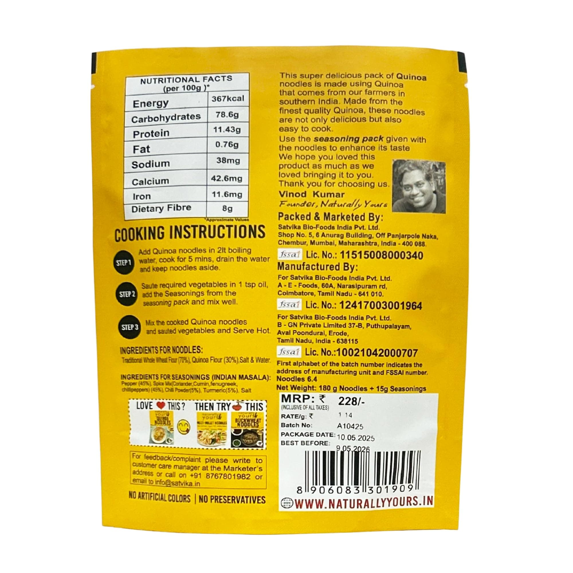 Naturally Yours Quinoa Hakka Noodles | Made with Quinoa & Whole Wheat | No Maida, No Onion No Garlic, 100% Jain Friendly, Non-Fried, Vegan, Preservative Free, No MSG | High Protein & Fiber | Tastemaker Included | 180g (Pack of 2) — image 3