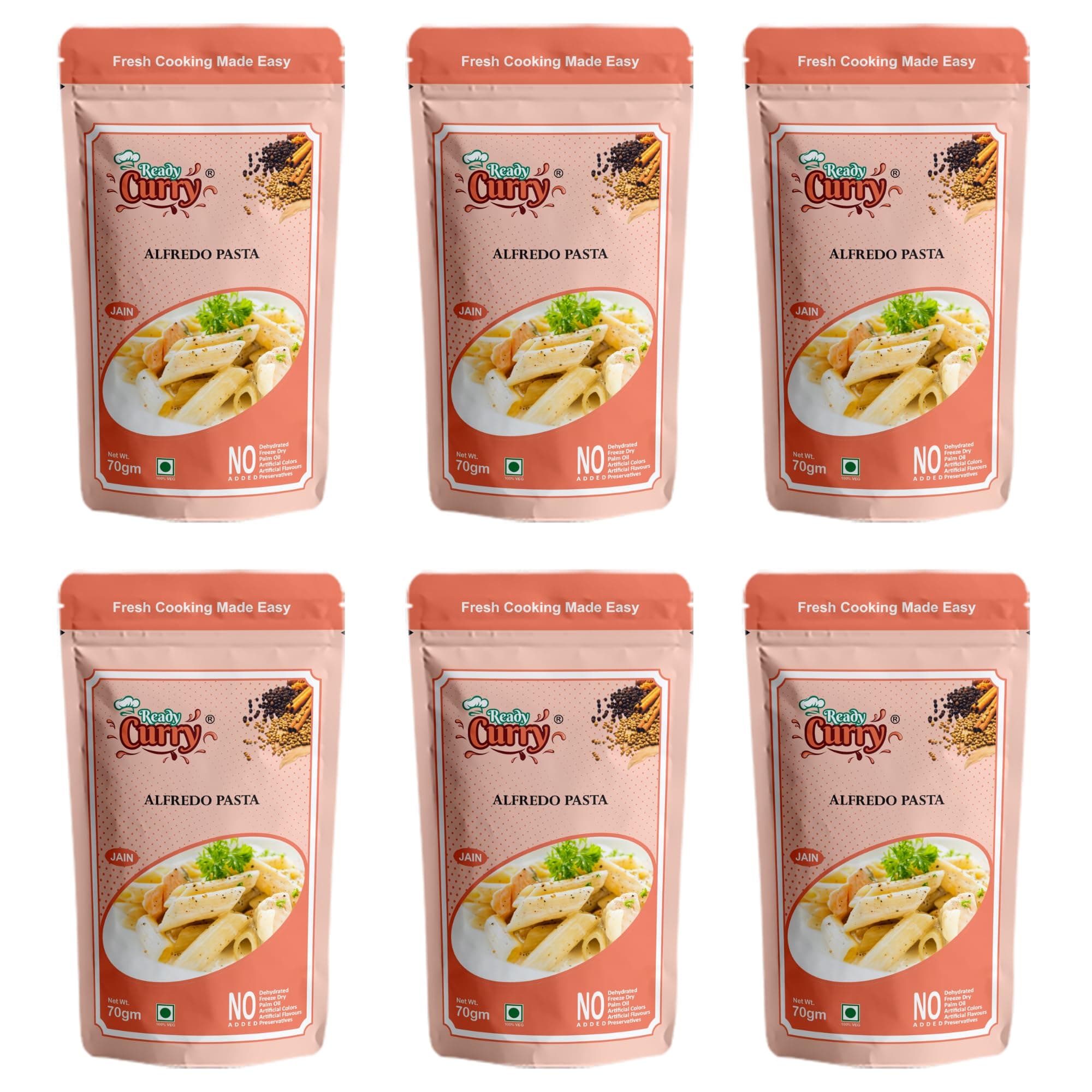ReadyCurry | Alfredo Pasta | Jain | No Onion No Garlic| Spice Mix | Gravy Masala | Ready to cook in 10 minutes| Home style taste |No Dehydrated | No Freeze Dry |No Artificial Colours or Flavours or Preservatives| 70g (Pack of 6) — image 2