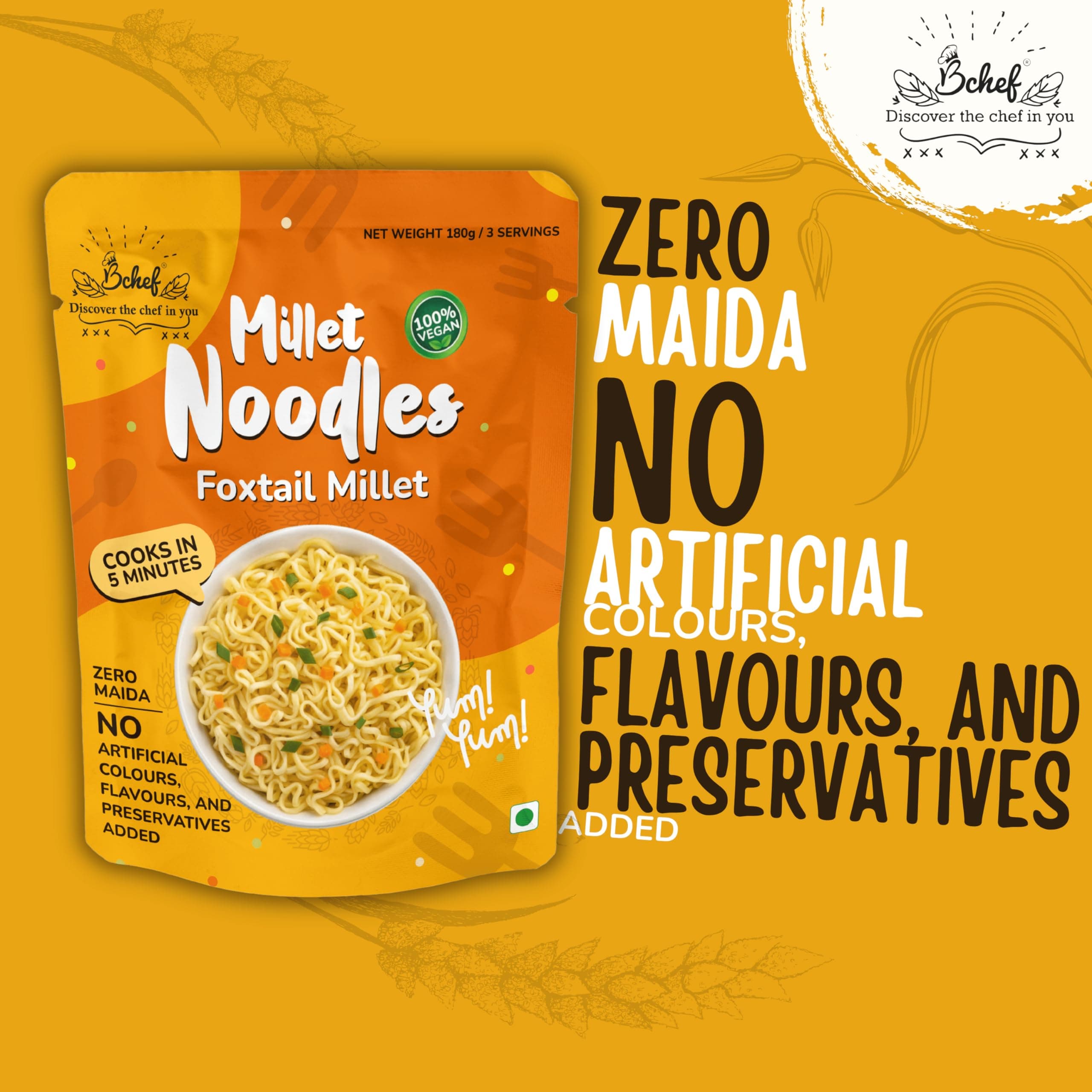 Bchef Jowar and Multi Millet Noodles | Zero Maida, No Artificial Colours, No Flavours & Preservative Added | 100% Vegan Noodles | Healthy Nutritional Food, (Combo Pack of 2,180g each) — image 4