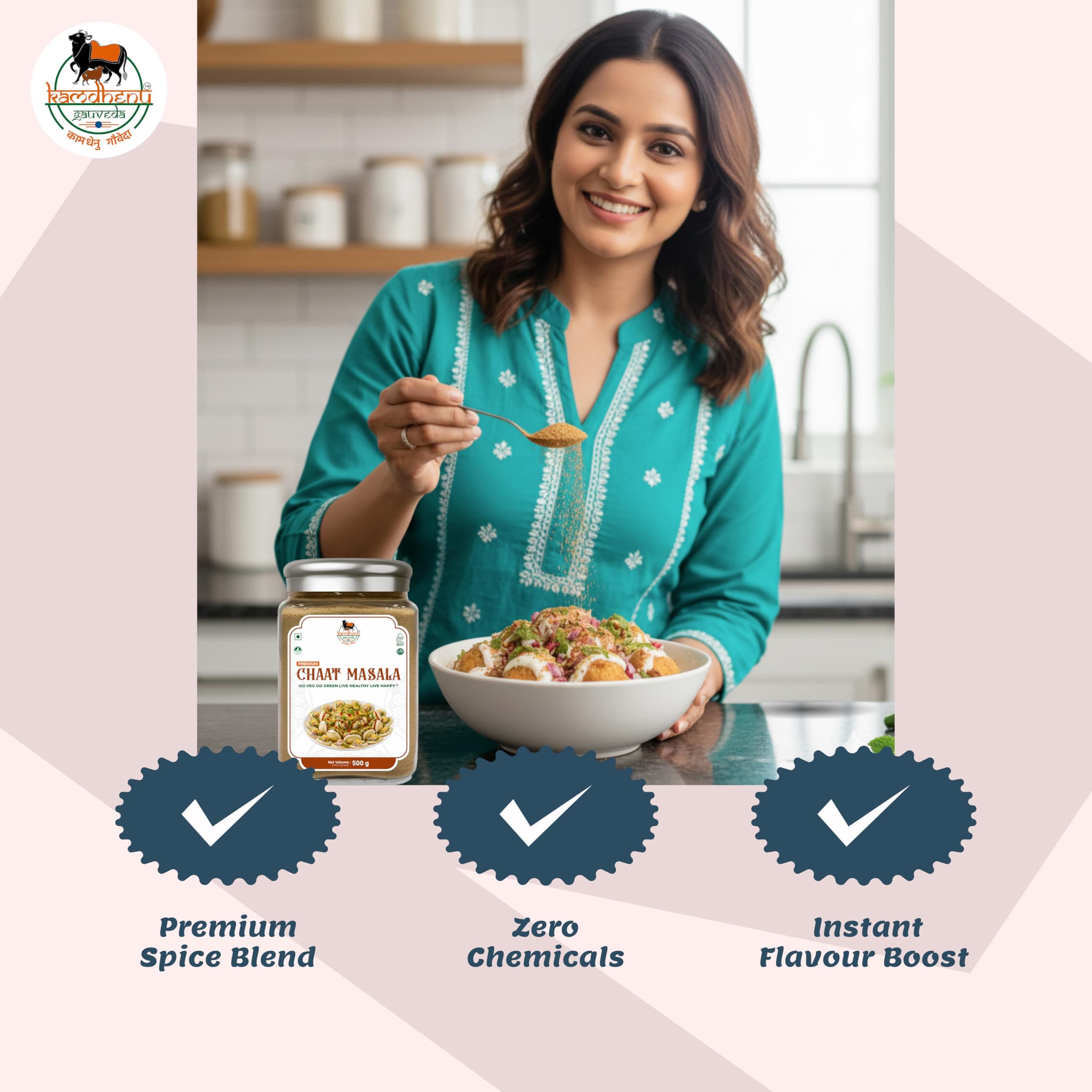 Satvik Sanatani Swaminarayan Jain Vegan Chatpata Chaat Masala 350g | Cumin, Coriander, Pudina, Pink & Black Salt | No Onion No Garlic | No Preservatives | FSSAI Certified | Glass Jar with Steel Cap — image 5