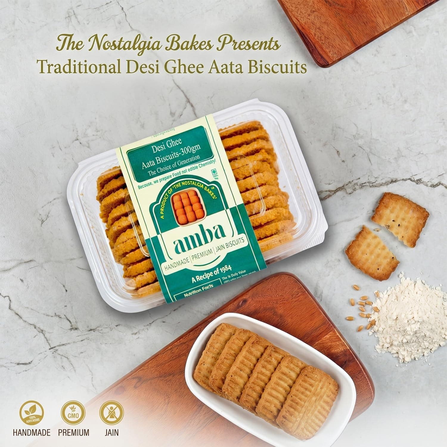Desi Ghee Atta Biscuits (300gm) – Handmade Premium Whole Wheat Biscuits – Traditional Jain Cookies with 1984's Original Recipe – No Added Chemicals – Healthy Tea-Time Snack (Pack of 1) — image 3