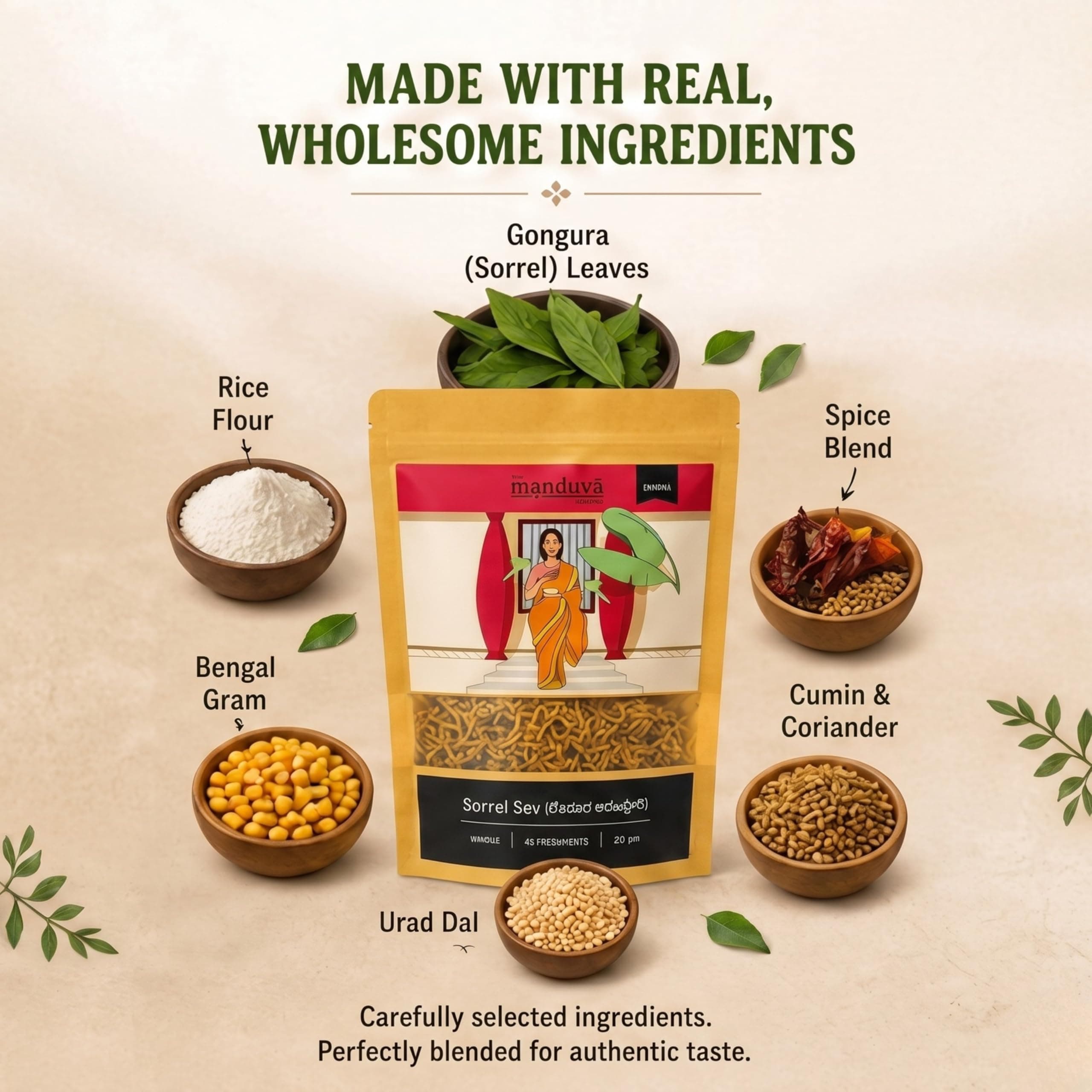 The Manduva Project Andhra Sorrel Sev Namkeen 150g | Jain No Onion No Garlic | Authentic Gongura Leaves Sev Namkeen | Crunchy Snack | Handmade Traditional Recipe | No Preservatives — image 3