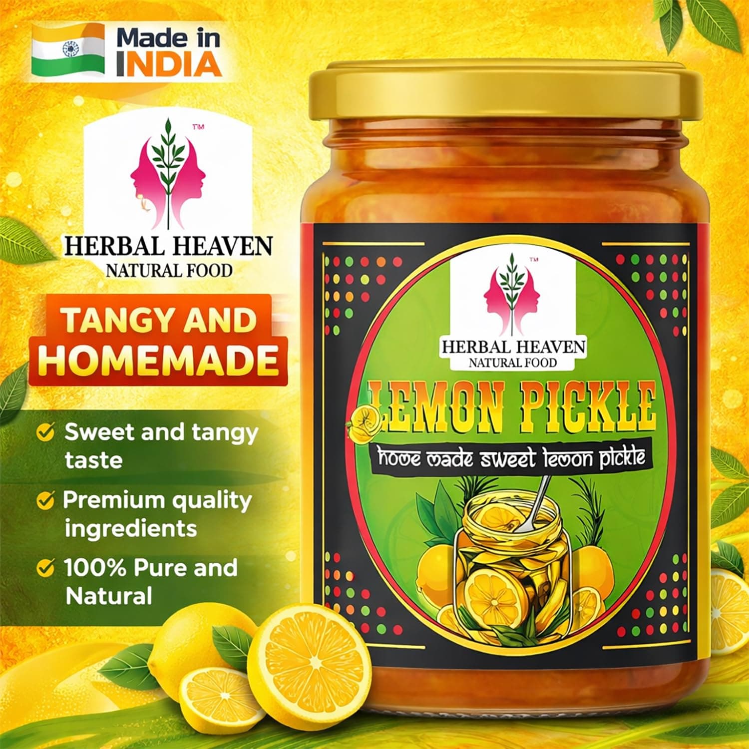 Herbal Heaven NATURAL FOOD Homemade Lemon Pickle 100gm | Sweet & Sour Nimbu Ka Achaar | Authentic Lime Pickle with No Onion No Garlic | Natural Ingredients with No Artificial Preservative — image 2
