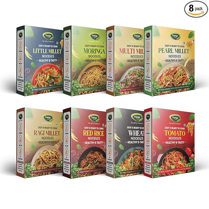 Thanjai Natural Noodles Millet180g X 8 Variities (No Maida Hakka Noodles, Not Fried, No MSG, Classic and Mild 1440g) Little | Multi Millet | Pearl | Ragi Millets & Moringa Leaf | Red Rice | Wheat | Tomoto