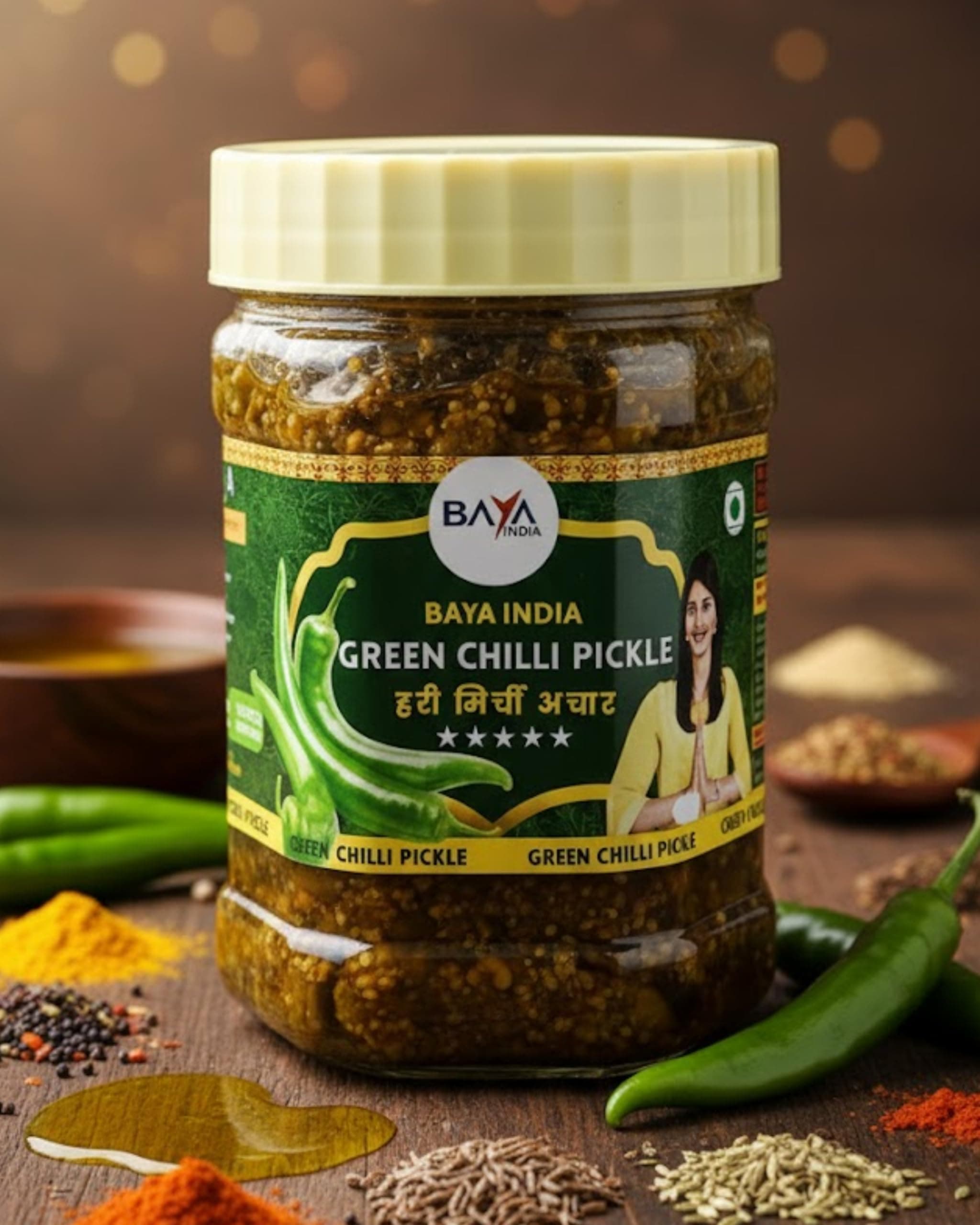 Baya India Homemade Hari Mirchi ka Achar | Green Chilli Pickle | Teekha mast | Spicy & Tangy | No Chemical & No Preservatives | Sun-Dried | No Vinegar | No Garlic & No Onion | 350g Plastic Jar — image 8
