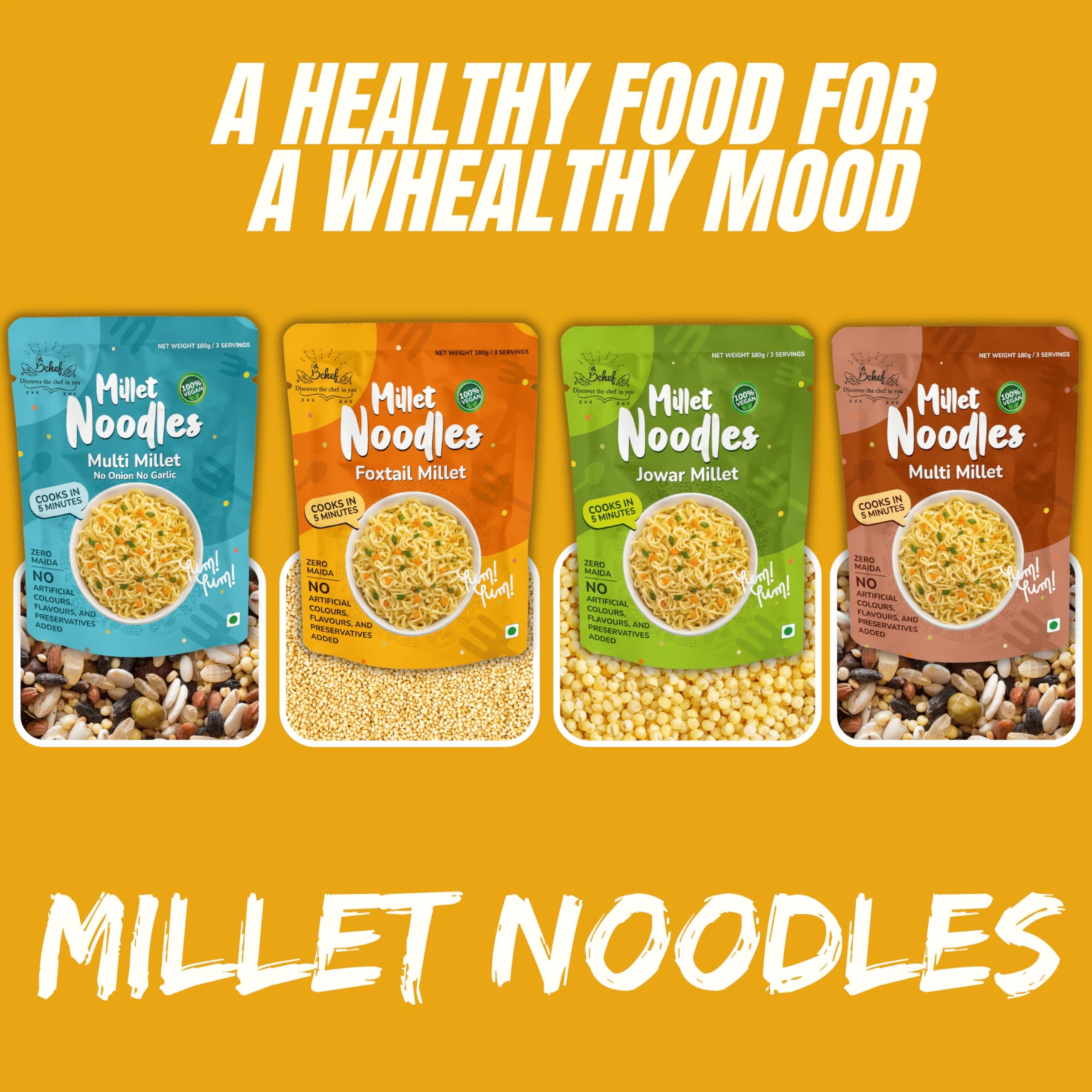 Bchef Jowar and Multi Millet Noodles | Zero Maida, No Artificial Colours, No Flavours & Preservative Added | 100% Vegan Noodles | Healthy Nutritional Food, (Combo Pack of 2,180g each) — image 7