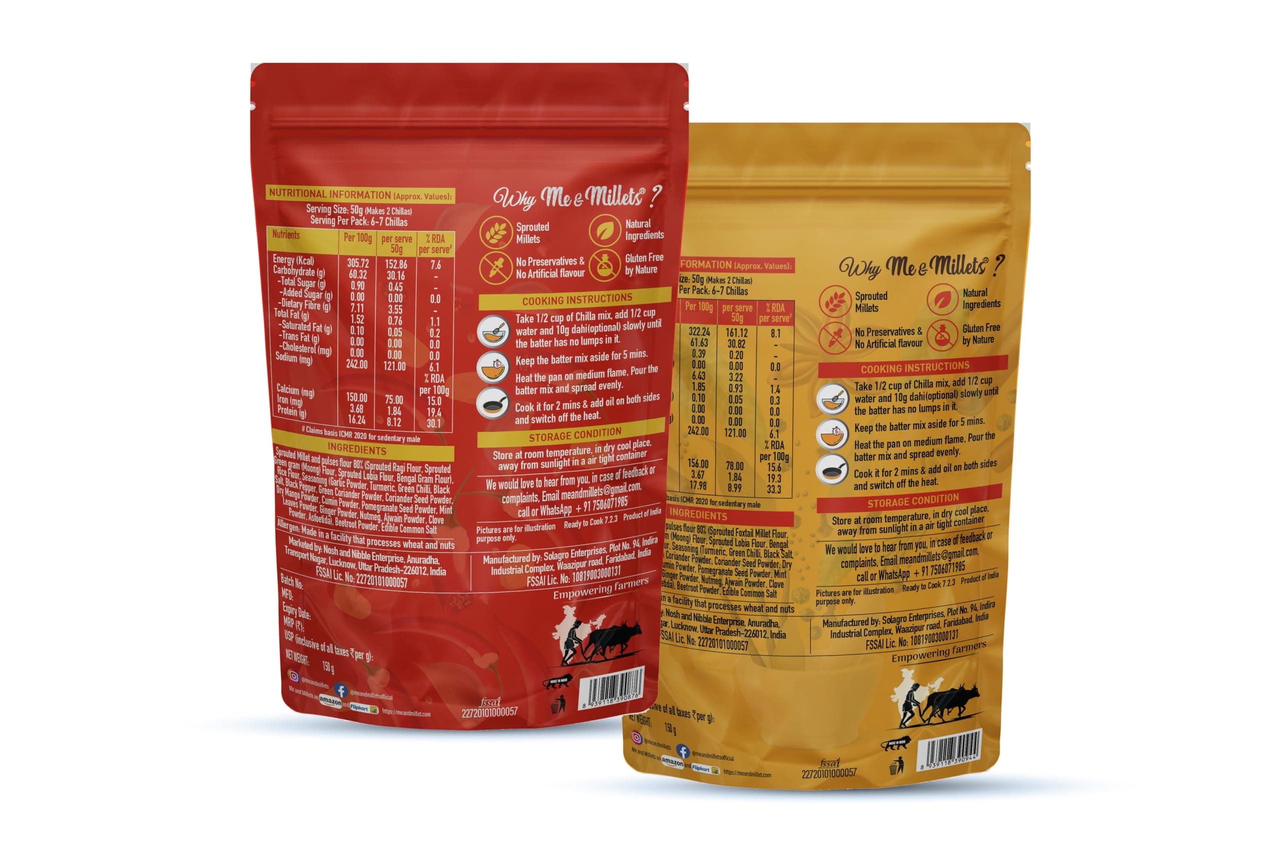 ME & MILLETS Sprouted Ragi Chilla & Foxtail Millet Chilla Mix Combo (150gX2) - Chatpata & Indian Masala, No Preservatives, Natural Healthy Protein & Fiber-Rich Breakfast For Family (Jain Friendly) — image 3